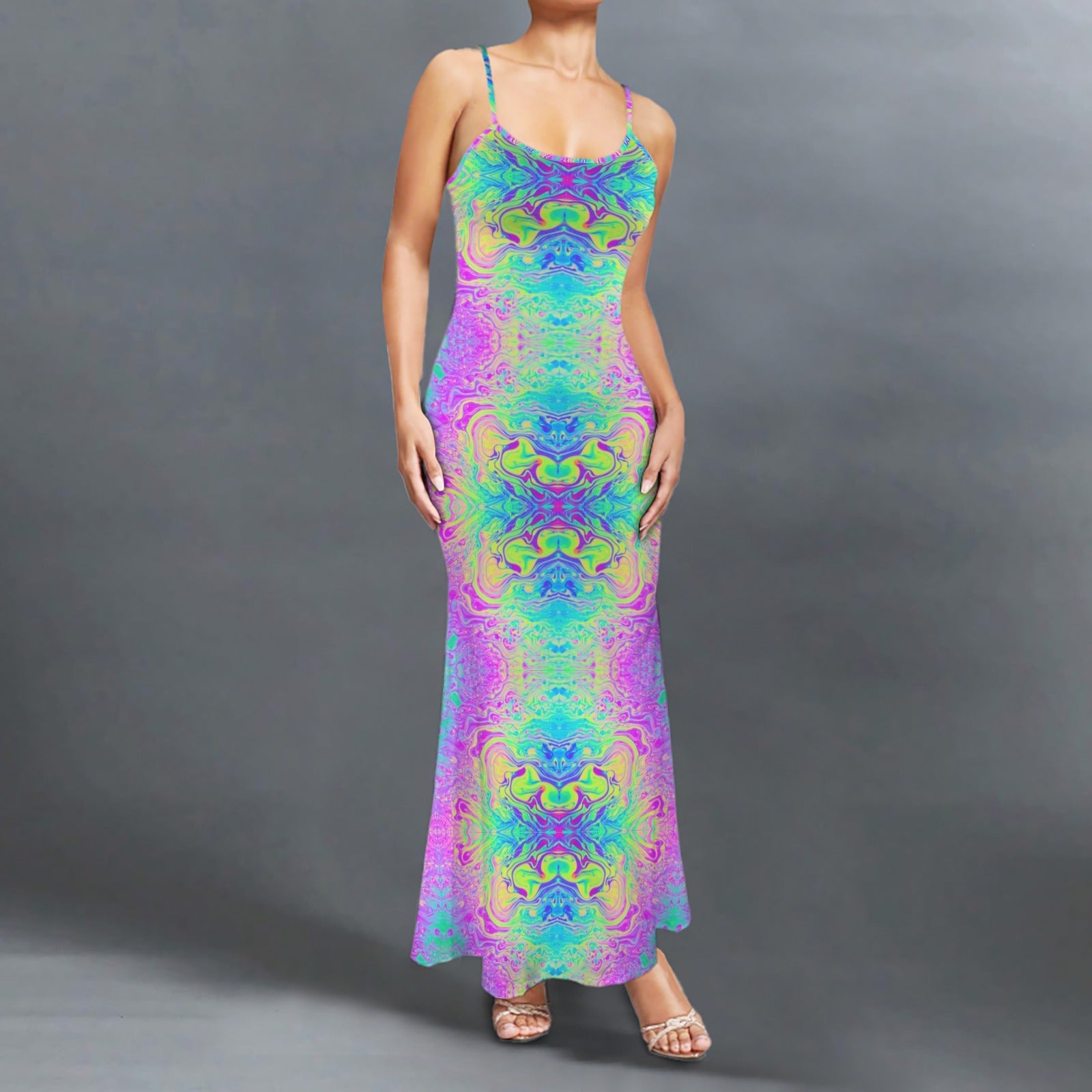 Trippy Tie=dye l print long sleevless slip maxi dress