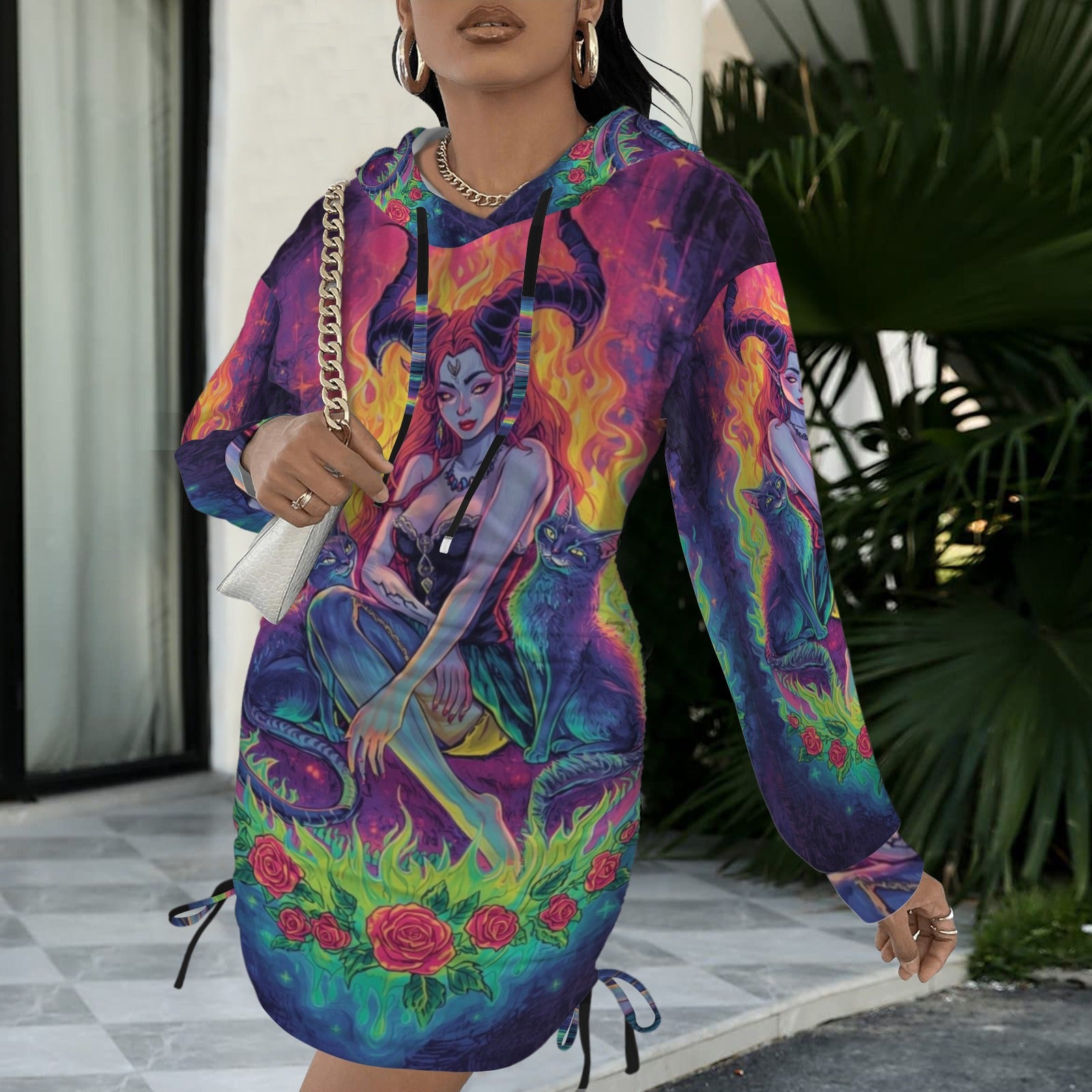 Trippy Rainbow Dragon Goddess Gothic Style Hoodie Dress 13