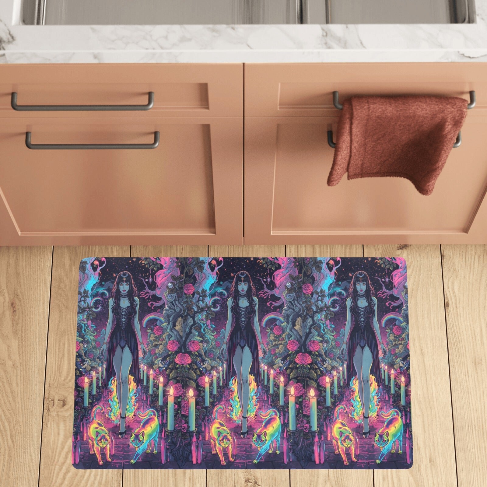 “Ultra-detailed hyper-saturated rainbow illustration of Lilith standing in a candlelit enchanted garden, rainbow roses exploding in color around her feet, two glowing rainbow cats prowling on the cobblestone pa (3)