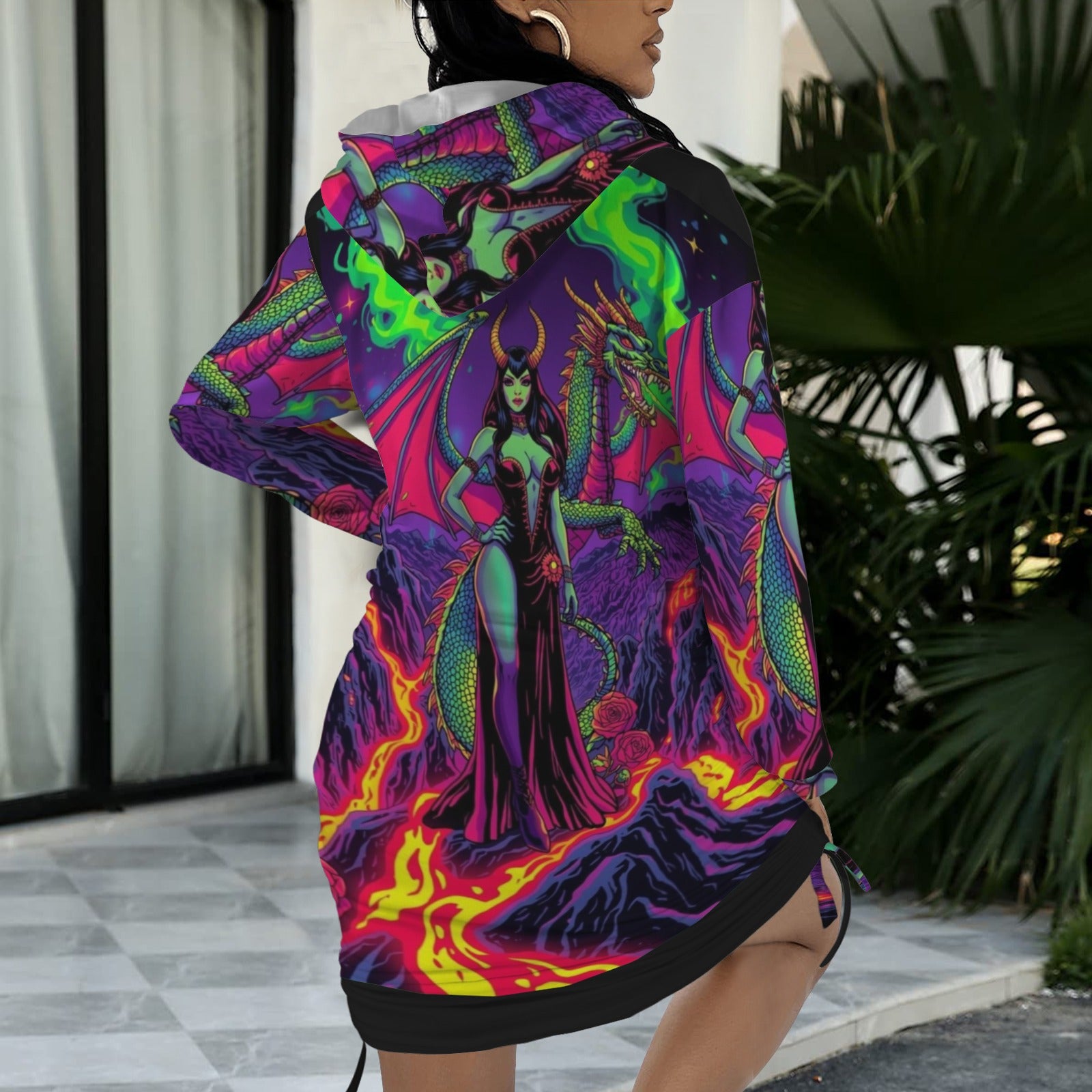 Trippy Rainbow Dragon Goddess Gothic Style Hoodie Dress 5
