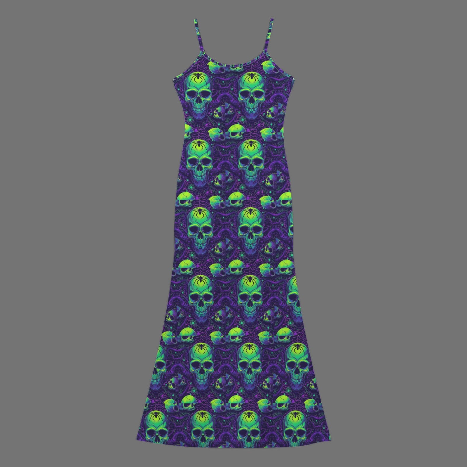 Gothic neon skull print long sleevless slip maxi dress