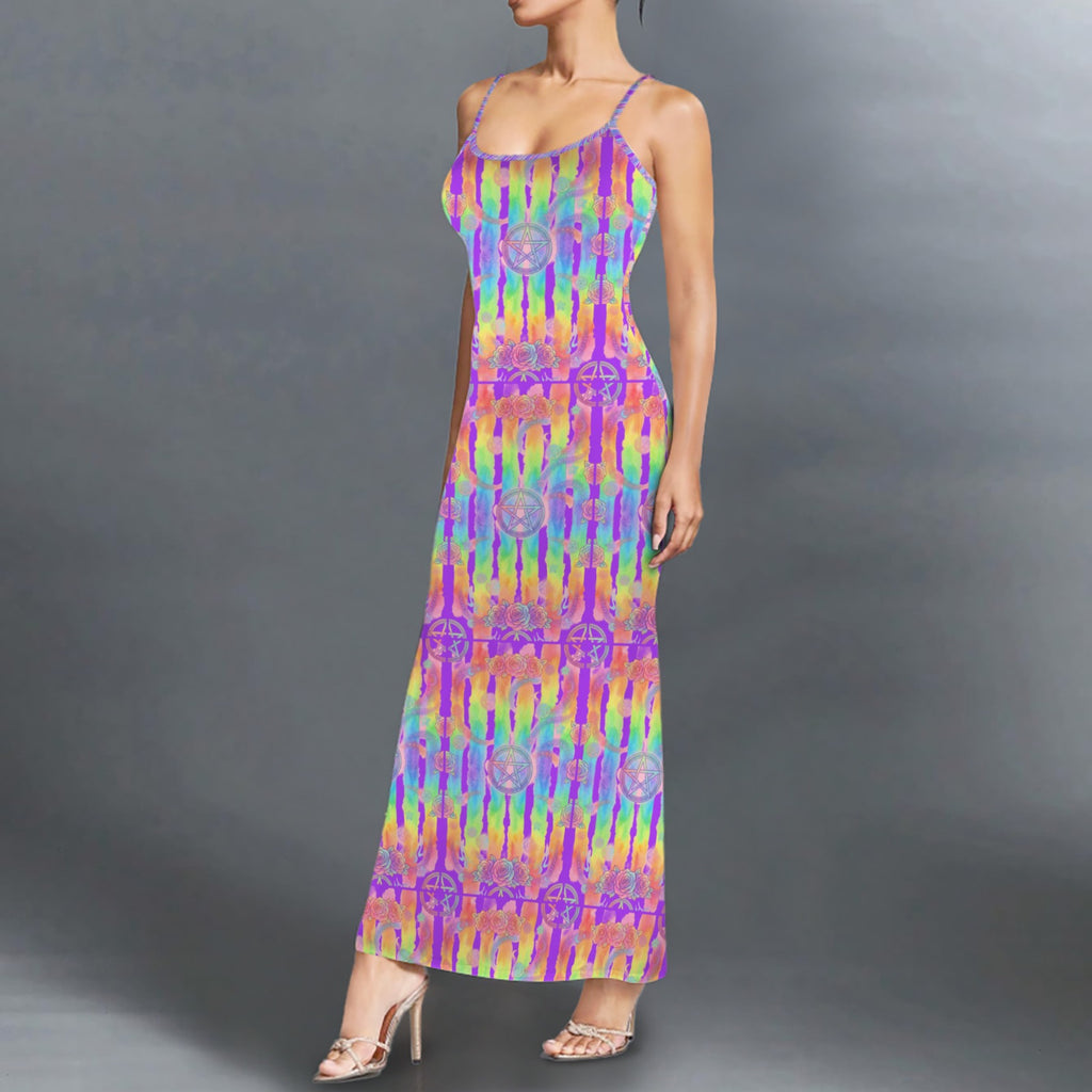 Gothic neon  print long sleevless slip maxi dress