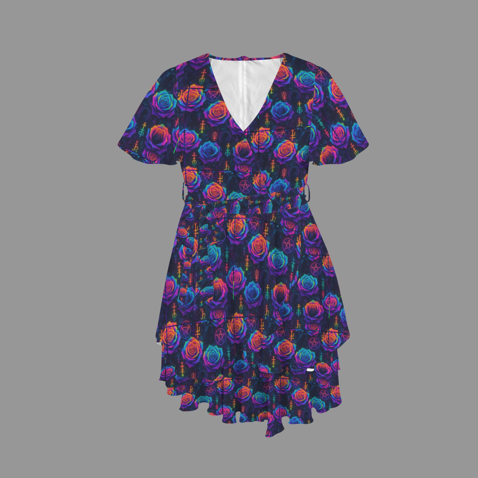 SSeamless repeating textile pattern, tessellated grid layout, rainbow tie-dye gradient roses layered