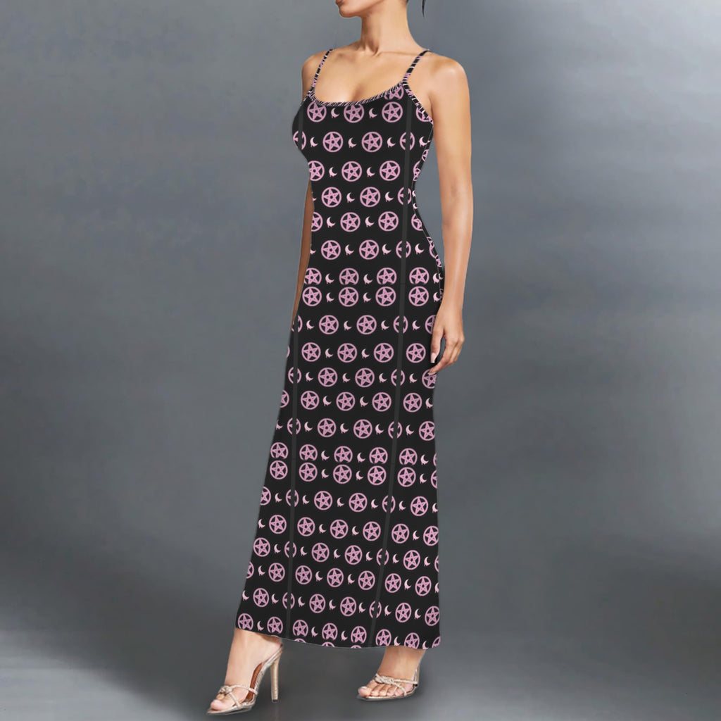 Gothic pentagram print long sleevless slip maxi dress
