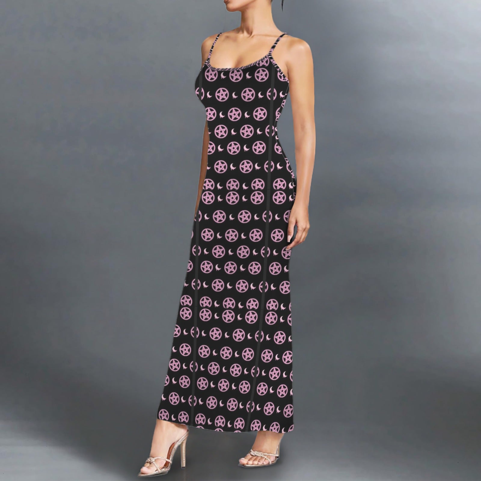 Gothic pentagram print long sleevless slip maxi dress