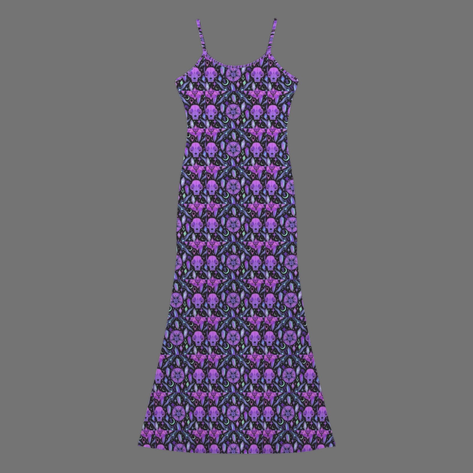 Gothic neon cat skull print long sleevless slip maxi dress