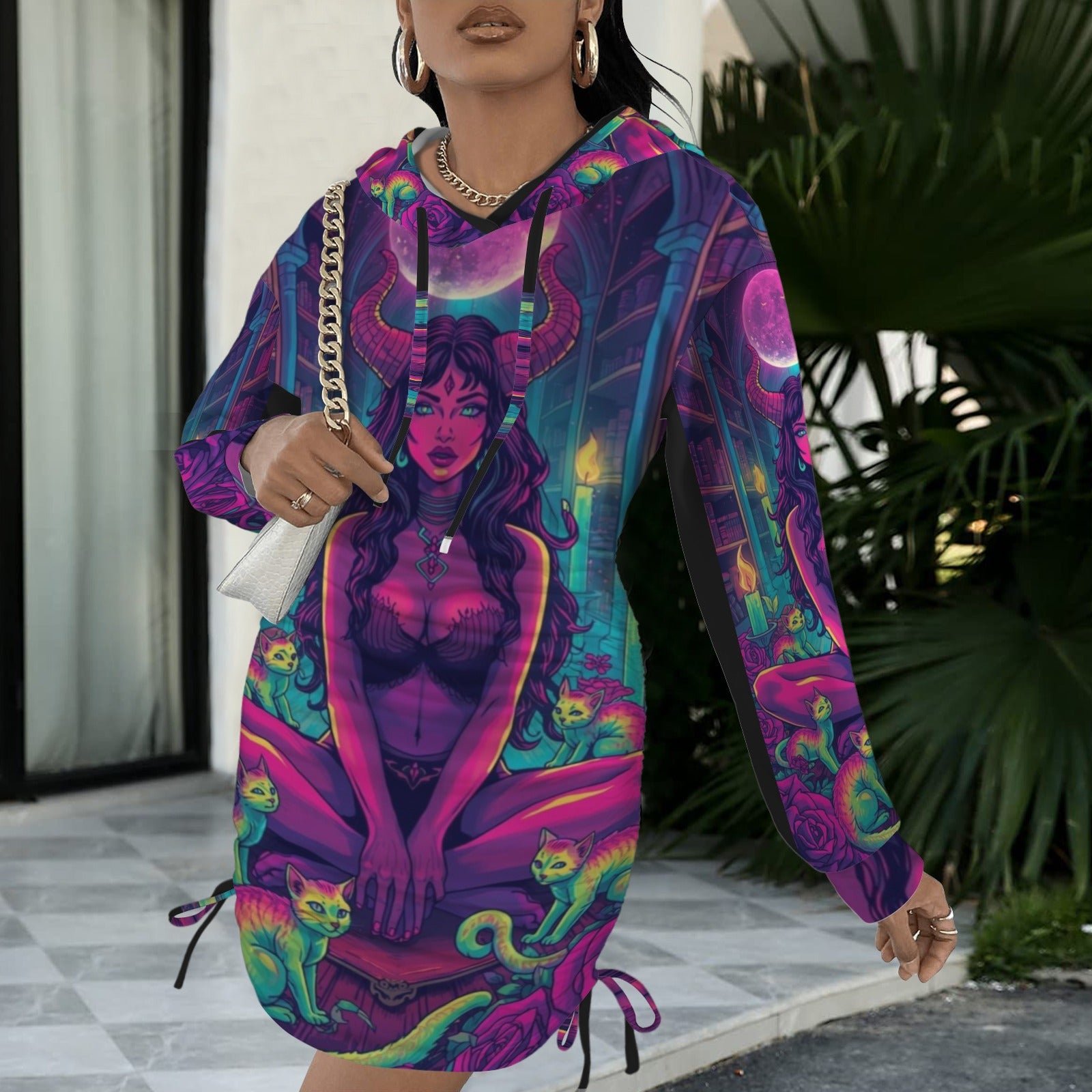 Trippy Witch Library Gothic Style Hoodie Dress 2