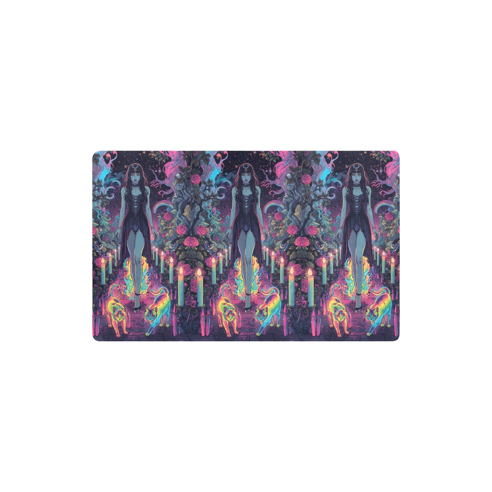 “Ultra-detailed hyper-saturated rainbow illustration of Lilith standing in a candlelit enchanted garden, rainbow roses exploding in color around her feet, two glowing rainbow cats prowling on the cobblestone pa (3)