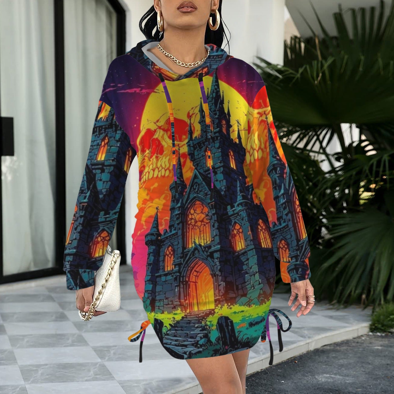 Trippy Rainbow  Castle Gothic Style Hoodie Dress