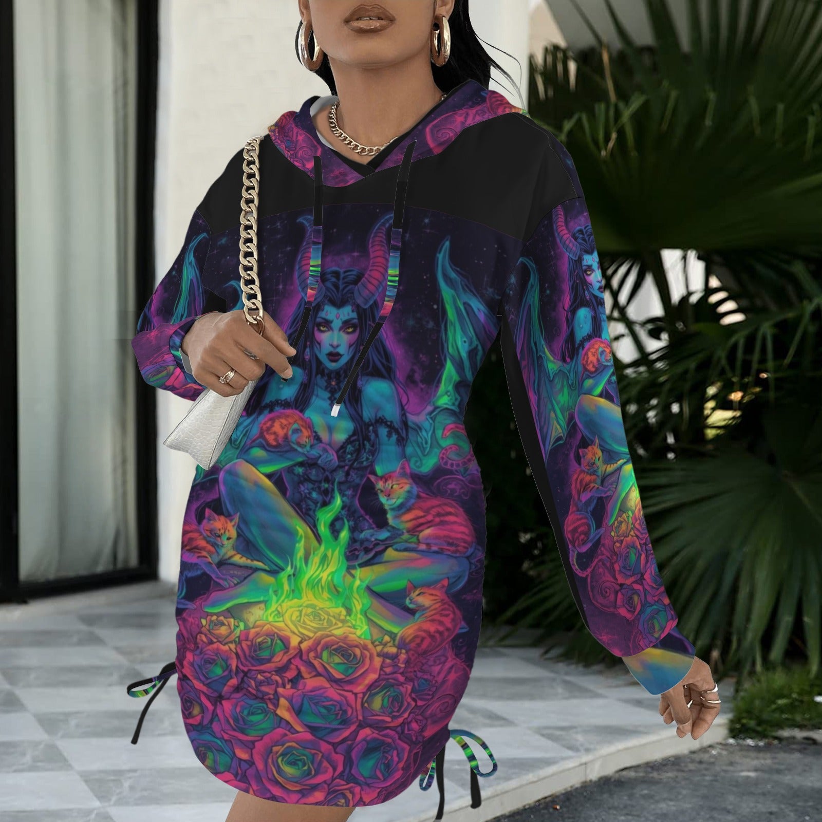 Trippy Rainbow Dragon Goddess Gothic Style Hoodie Dress 14