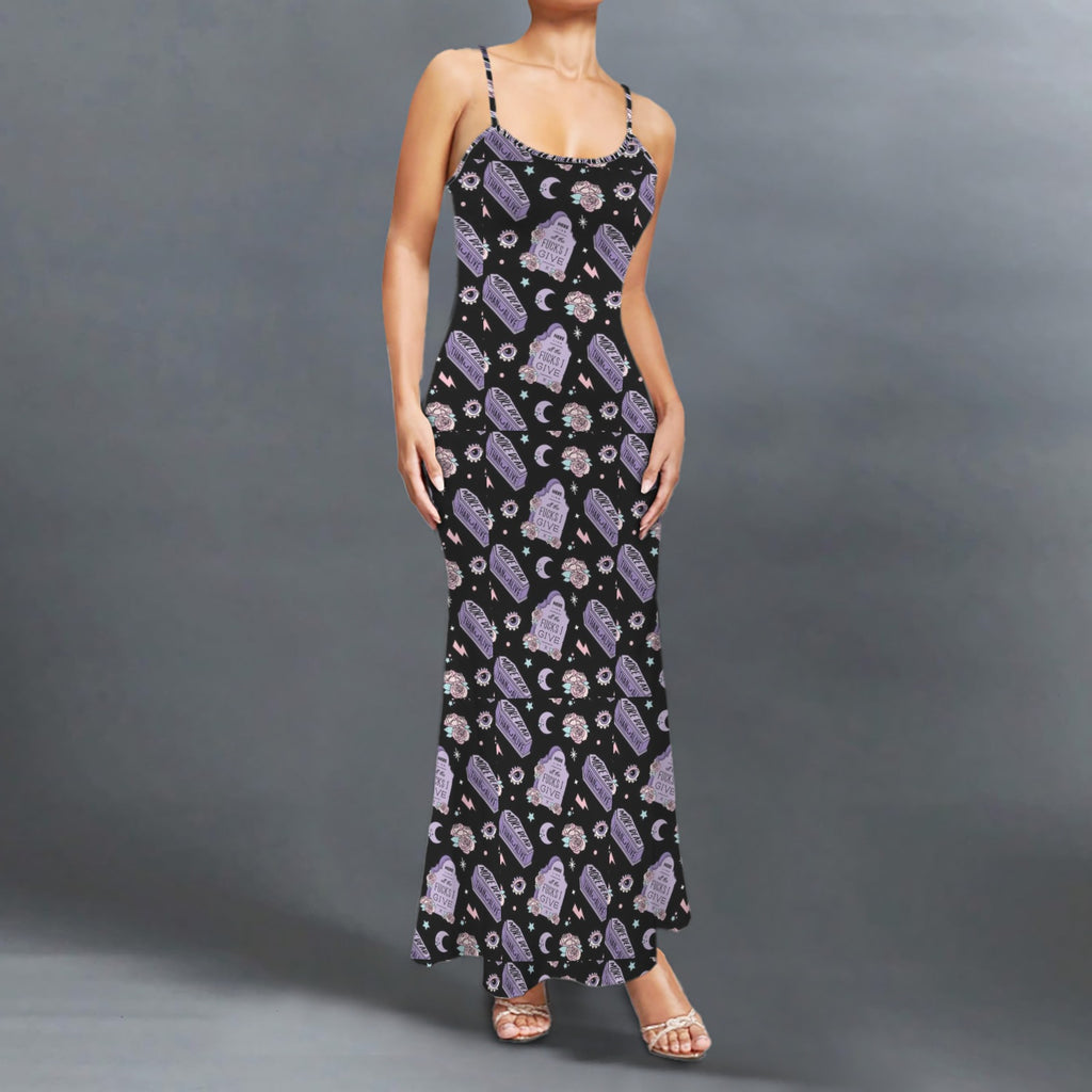 Gothic more dead print long sleevless slip maxi dress