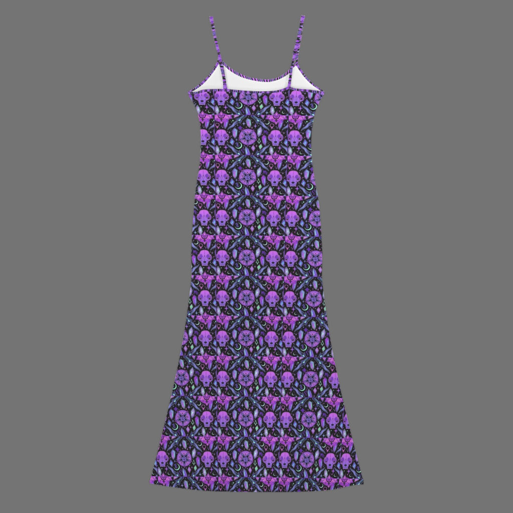 Gothic neon cat skull print long sleevless slip maxi dress