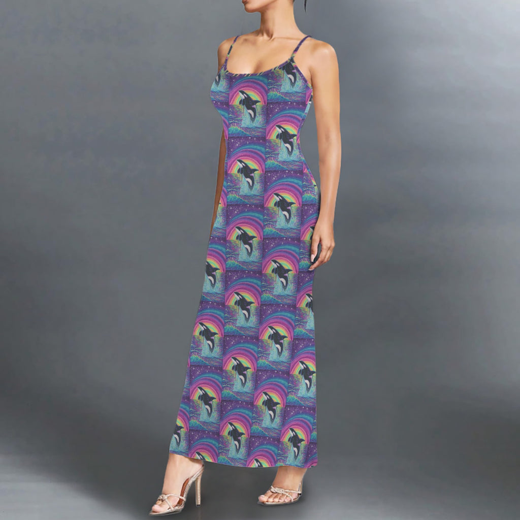 Gothic neon orcha print long sleevless slip maxi dress