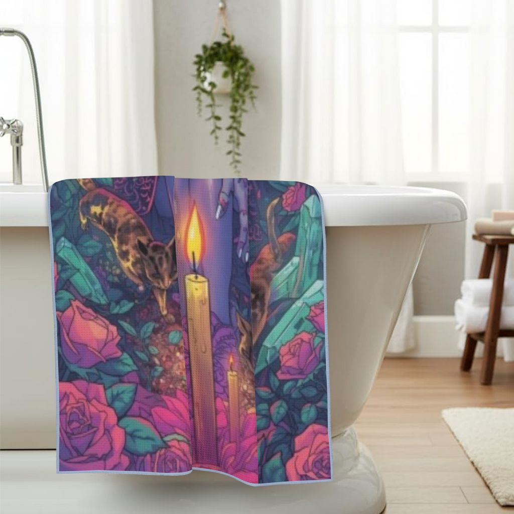 “Ultra‑detailed hyper‑saturated rainbow illustration of Lilith with two glowing cats prowling at her feet in a candlelit enchanted garden, rainbow roses exploding in color, floating neon rainbow crystals, rainb (1)