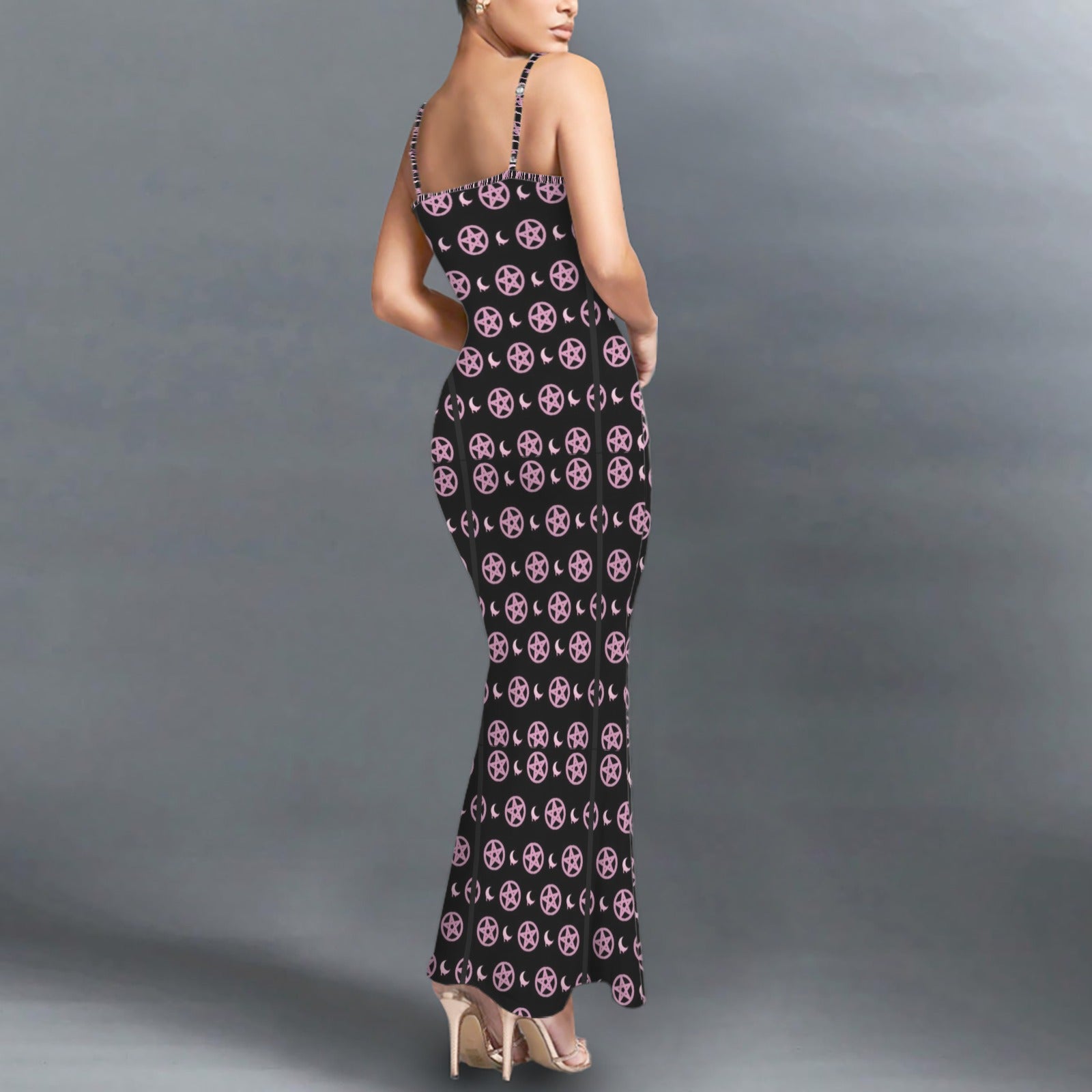 Gothic pentagram print long sleevless slip maxi dress