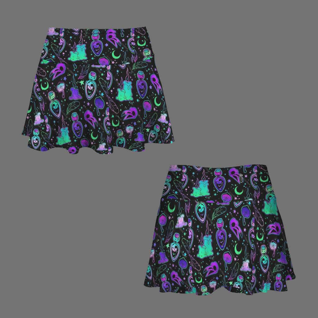 13a14ce466166d8389ebc794df9d62c3Gothic Bird Skull and Potion Witch Print Pleated Mini Skort