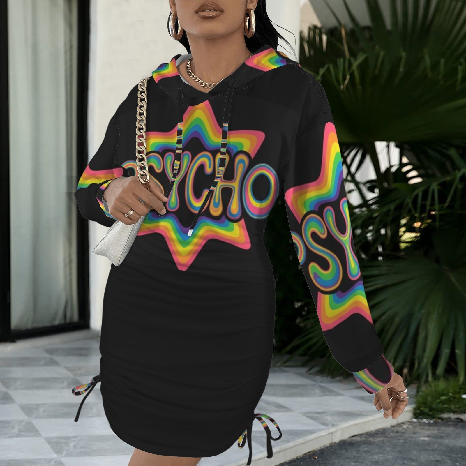 Rainbow and Black Psycho Print Goddess Gothic Style Hoodie Dress