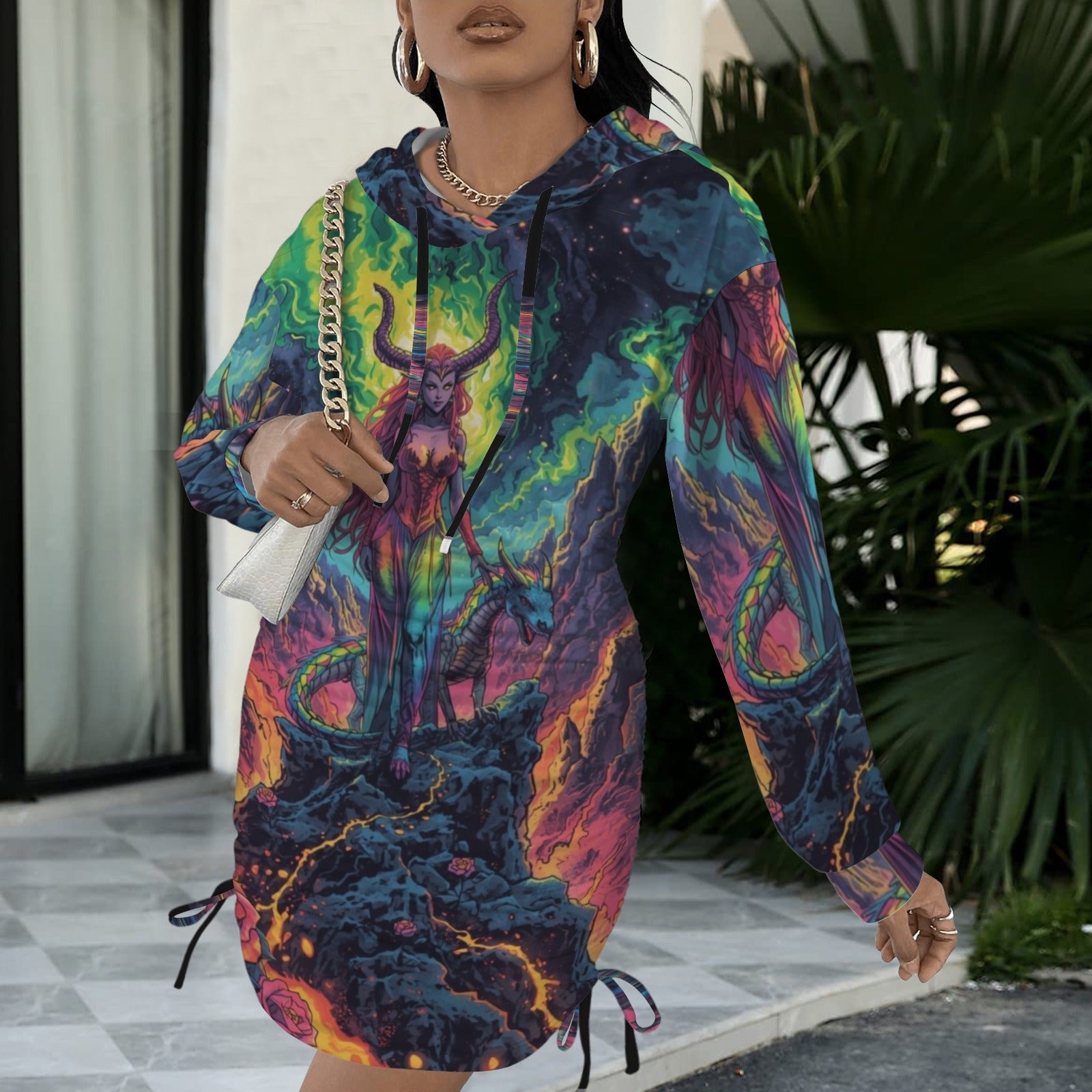 Trippy Rainbow Dragon Goddess Gothic Style Hoodie Dress 4