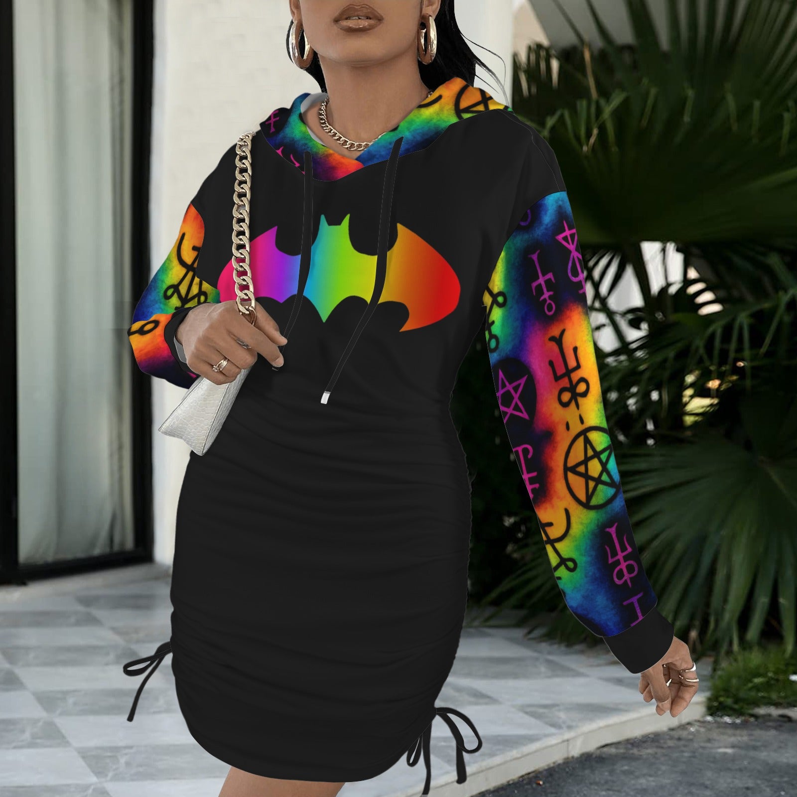 Tripp Rainbow runes and batman Gothic Style Hoodie Dress