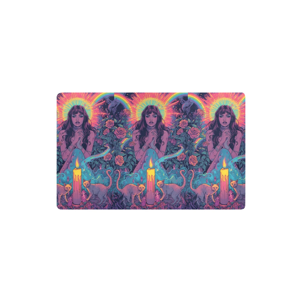 “Ultra‑detailed hyper‑saturated rainbow illustration of Lilith with two glowing cats prowling at her feet in a candlelit enchanted garden, rainbow roses exploding in color, floating neon rainbow crystals, rain (12)