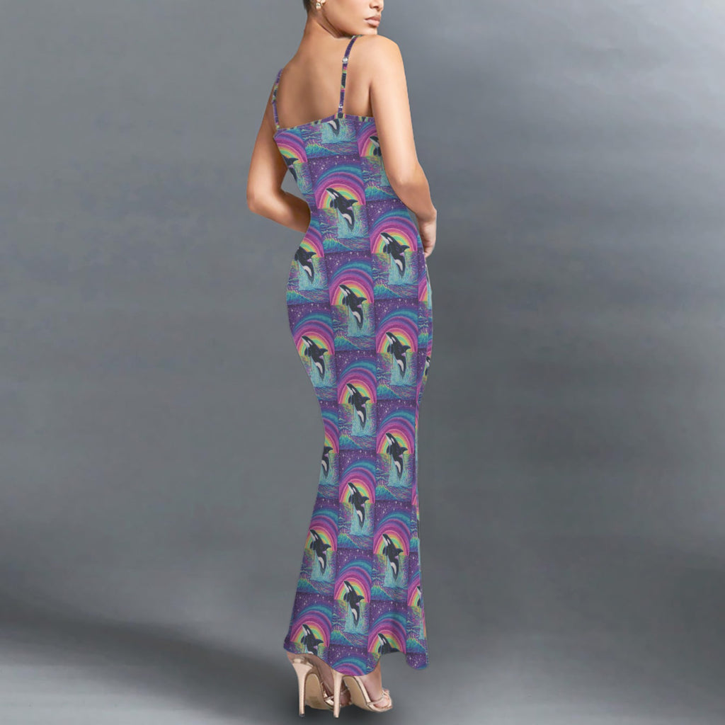 Gothic neon orcha print long sleevless slip maxi dress