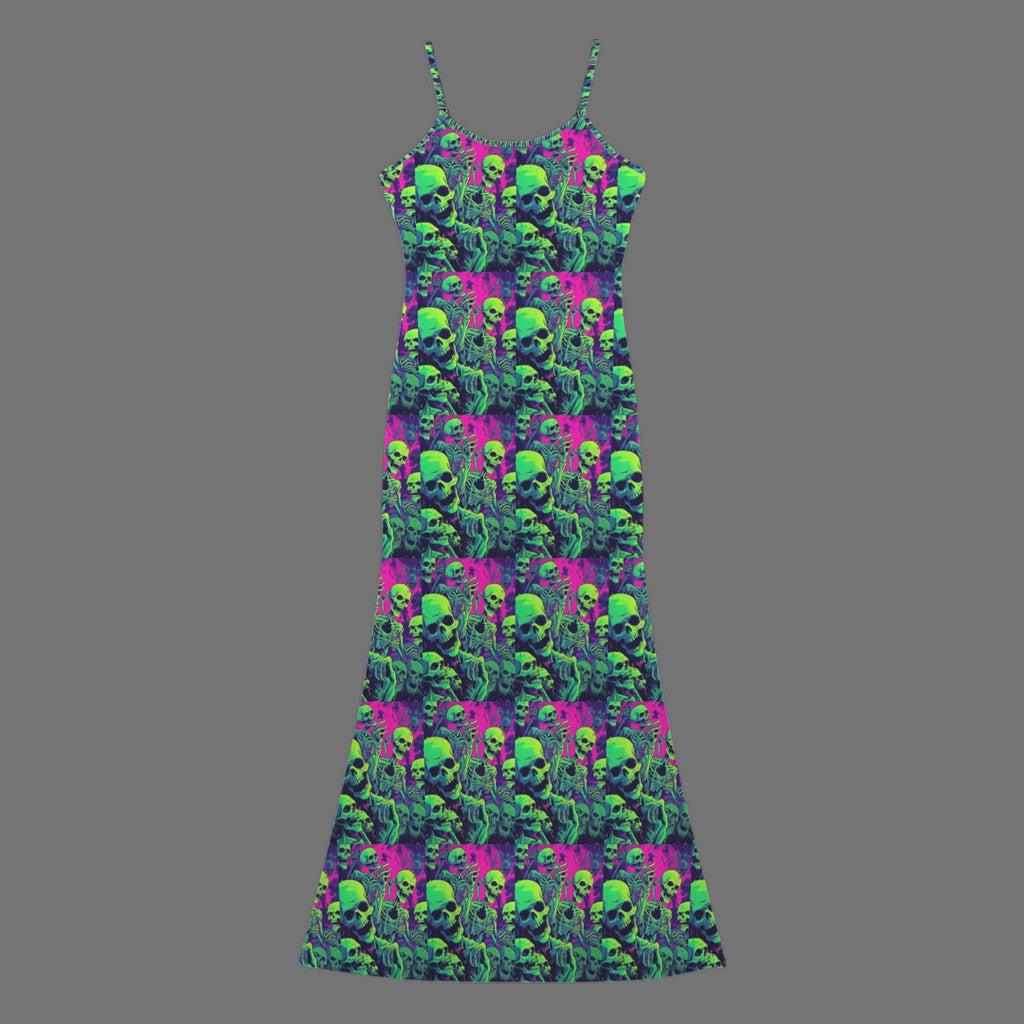 Gothic neon skull print long sleevless slip maxi dress
