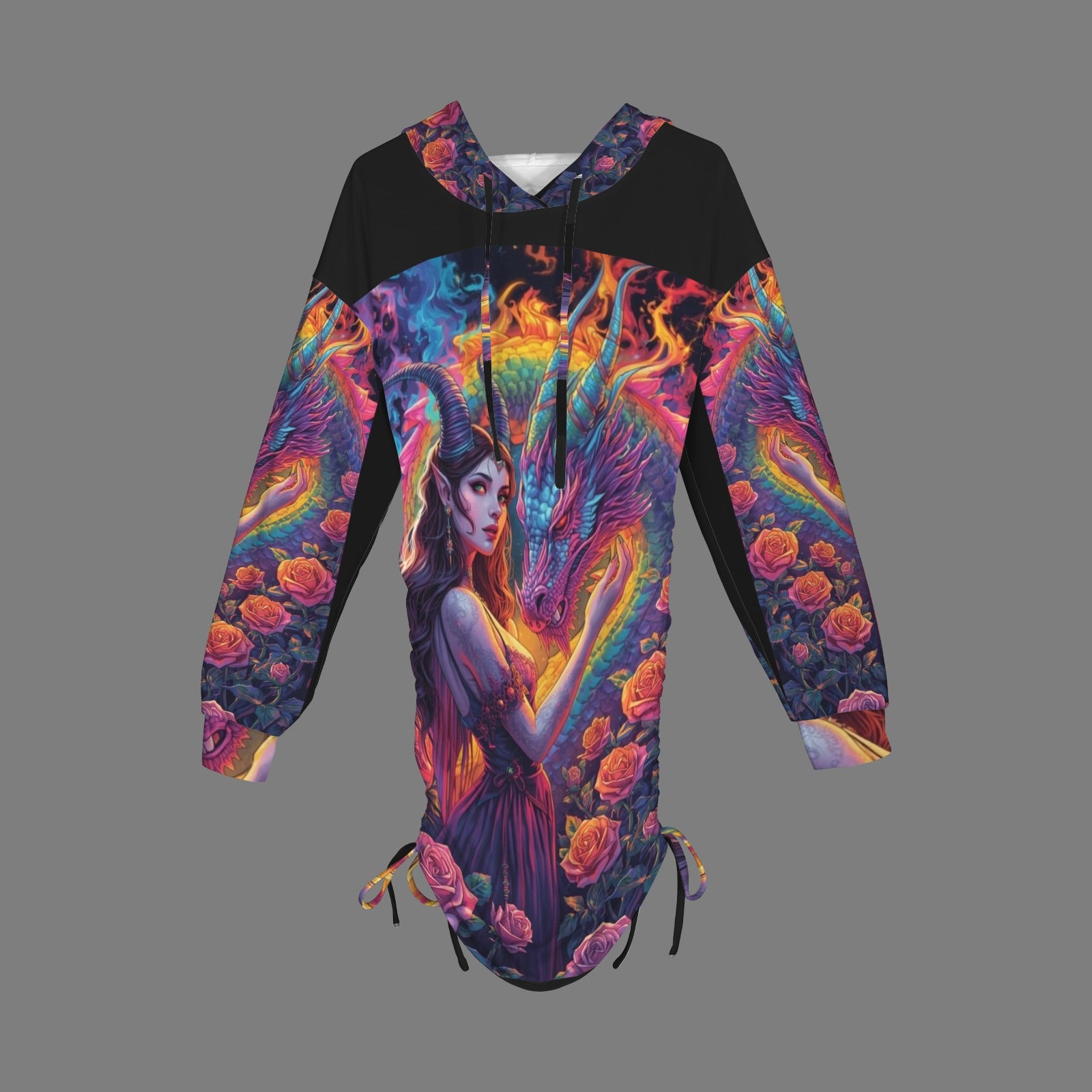 Trippy Rainbow Dragon Goddess Gothic Style Hoodie Dress 11