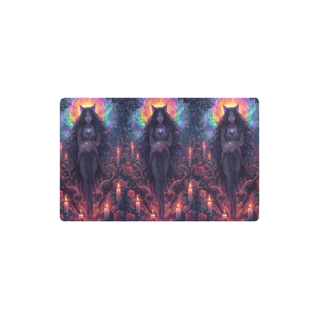 “Ultra‑detailed hyper‑saturated rainbow illustration of Lilith with two glowing cats prowling at her feet in a candlelit enchanted garden, rainbow roses exploding in color, floating neon rainbow crystals, rain (15)