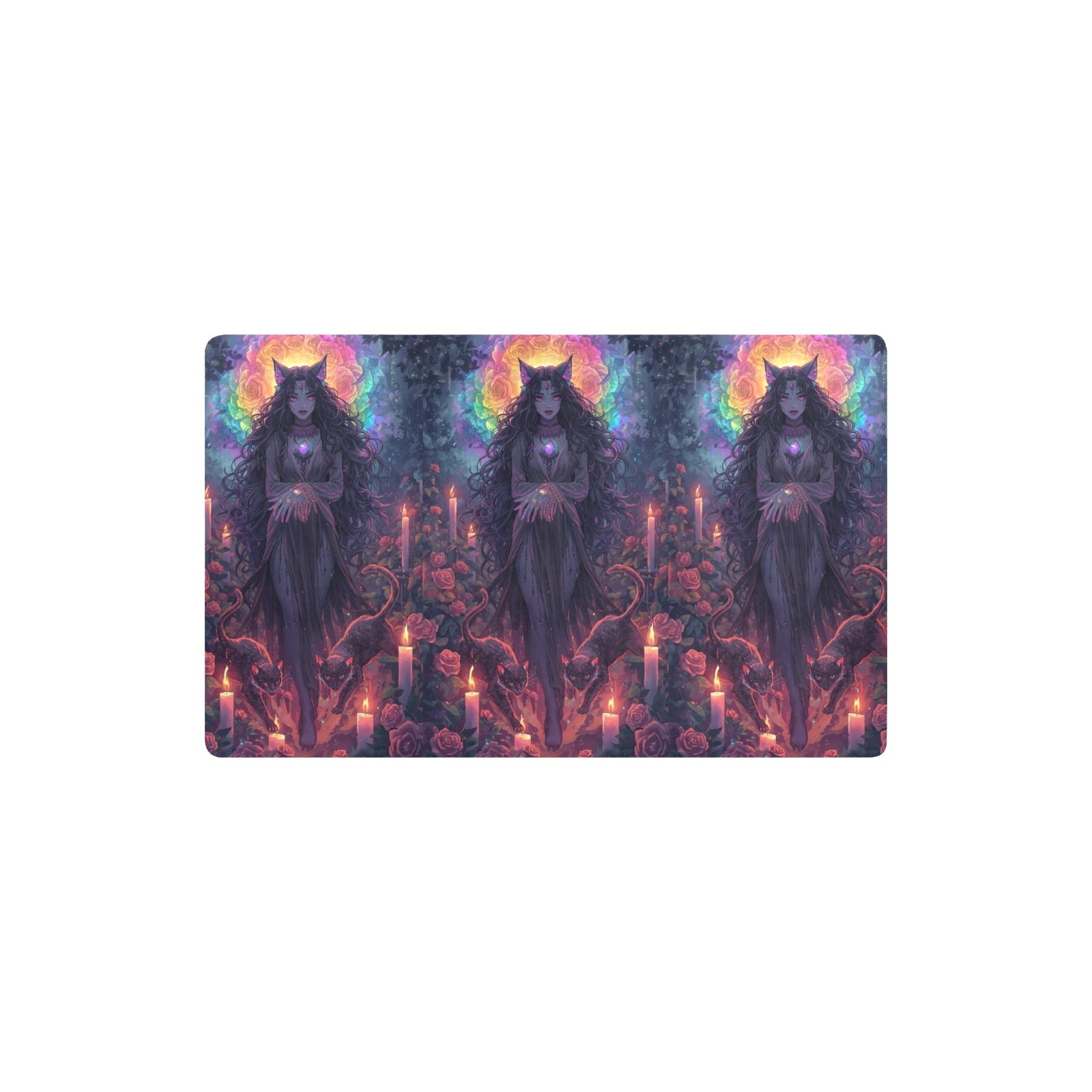 “Ultra‑detailed hyper‑saturated rainbow illustration of Lilith with two glowing cats prowling at her feet in a candlelit enchanted garden, rainbow roses exploding in color, floating neon rainbow crystals, rain (15)