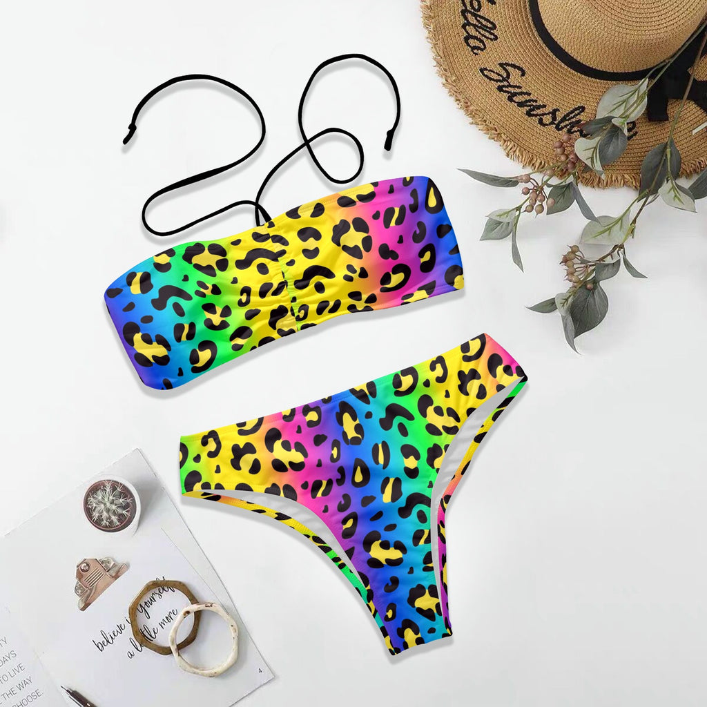 Women's Rainbow Leopard Print Colorful Halterneck Tube Top Backless Bikini Set