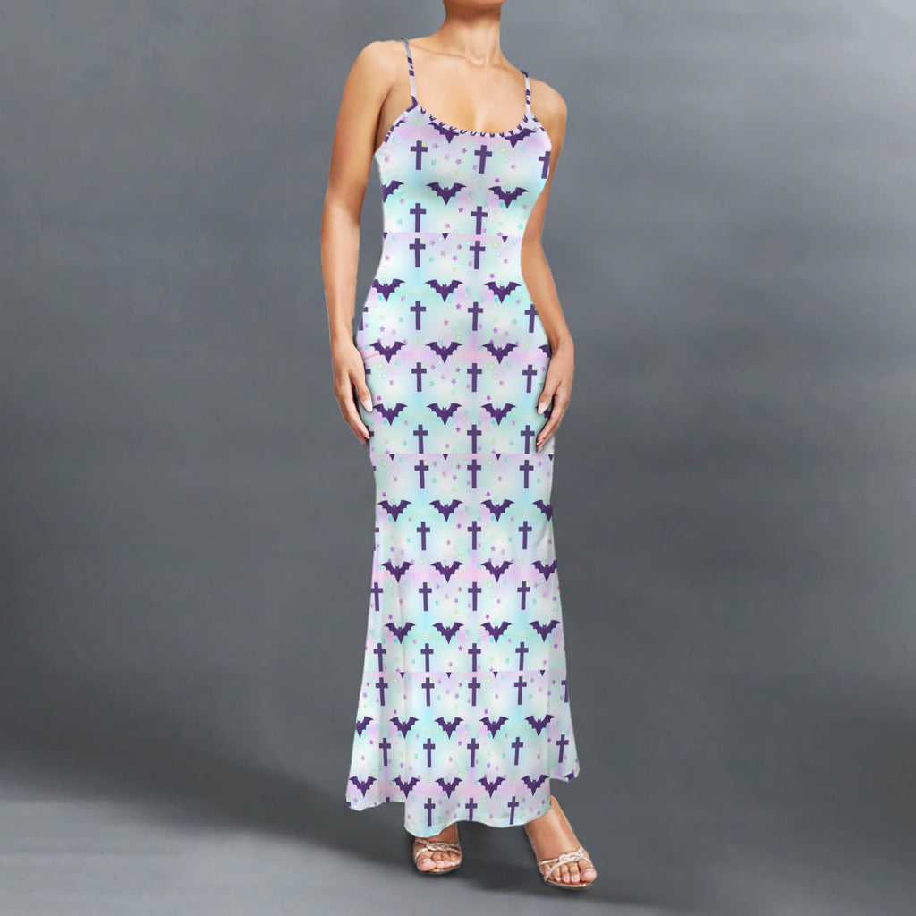 Gothic bats and crosses print long sleevless slip maxi dress