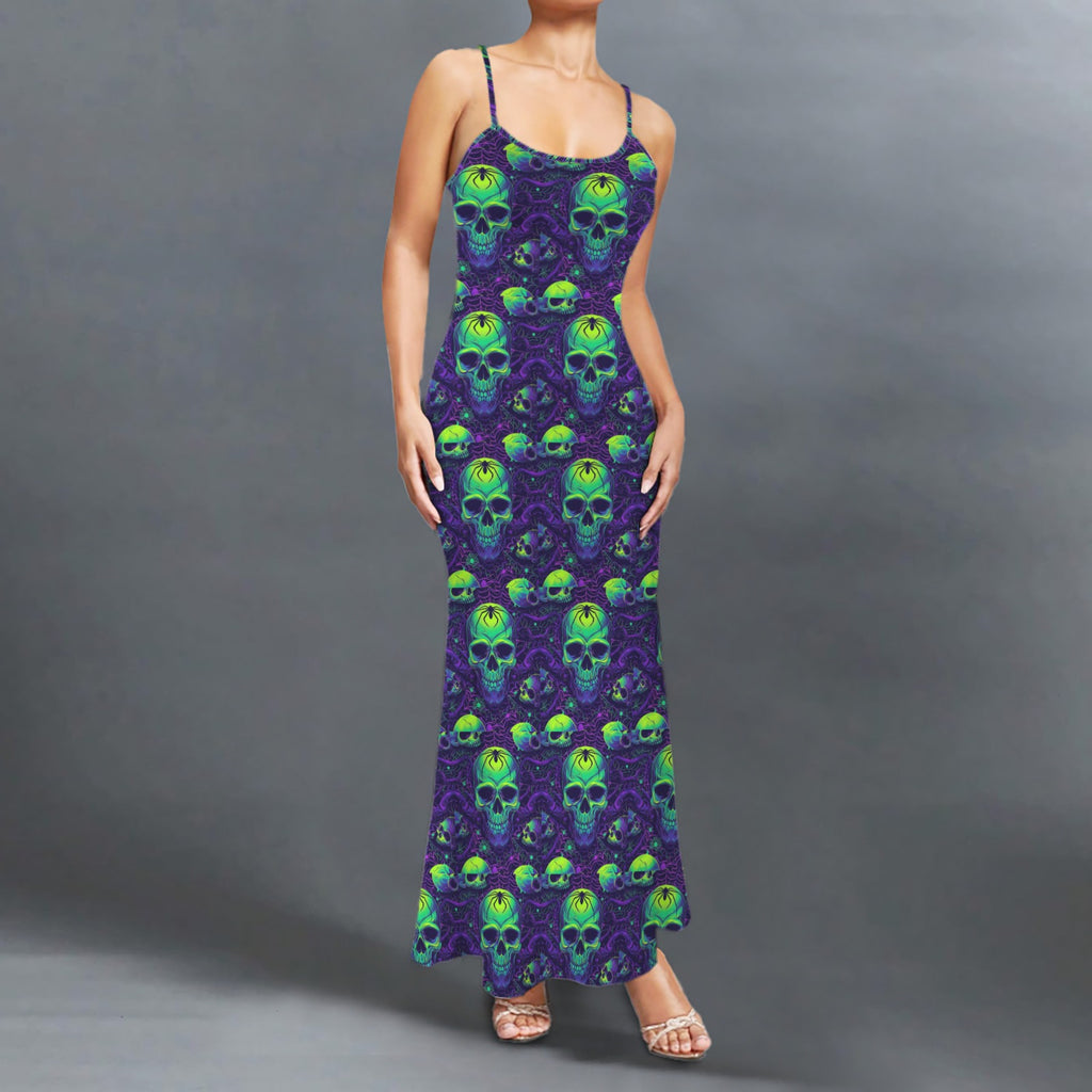 Gothic neon skull print long sleevless slip maxi dress