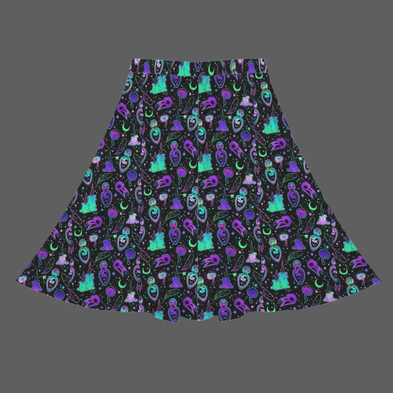 Gothic Bird Skull and Potion Print Cotton Maxi Skirt