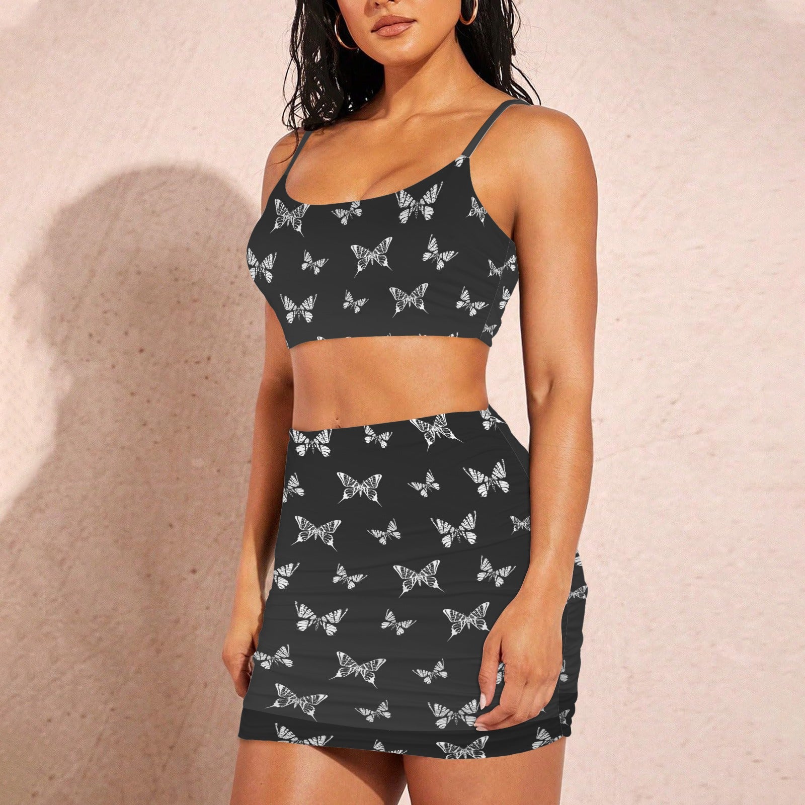 Women's Butterfly Print Cami Top & Ruched Bodycon Skirt Set