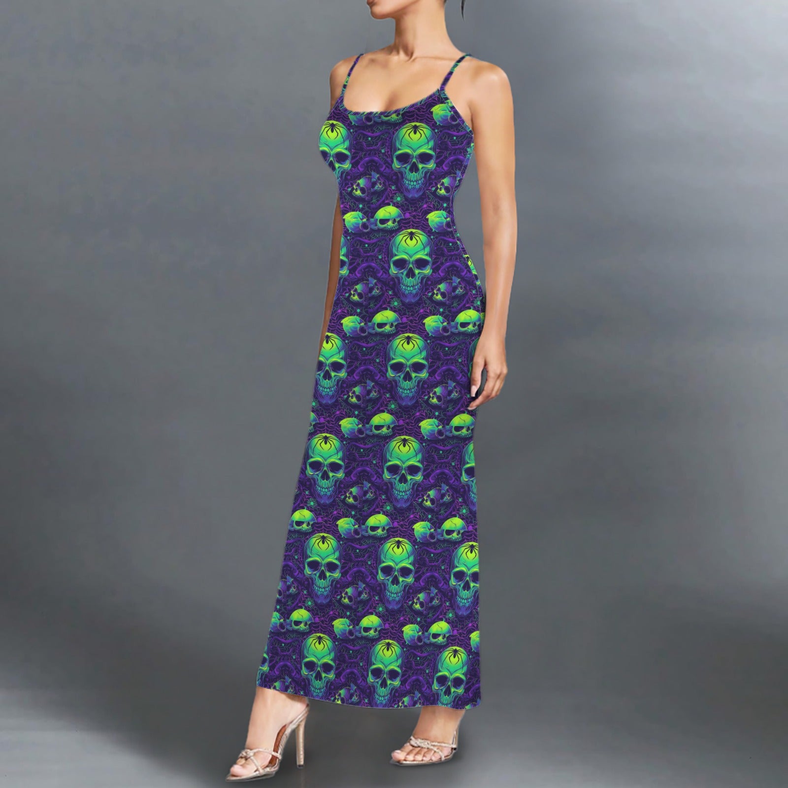 Gothic neon skull print long sleevless slip maxi dress