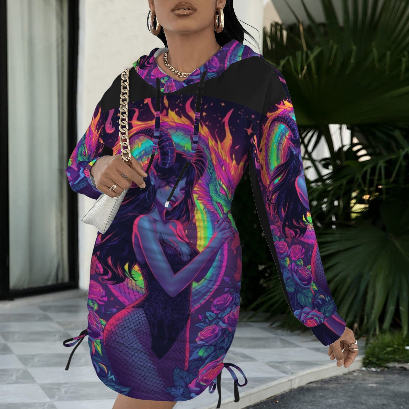 Trippy Rainbow Dragon Goddess Gothic Style Hoodie Dress 6