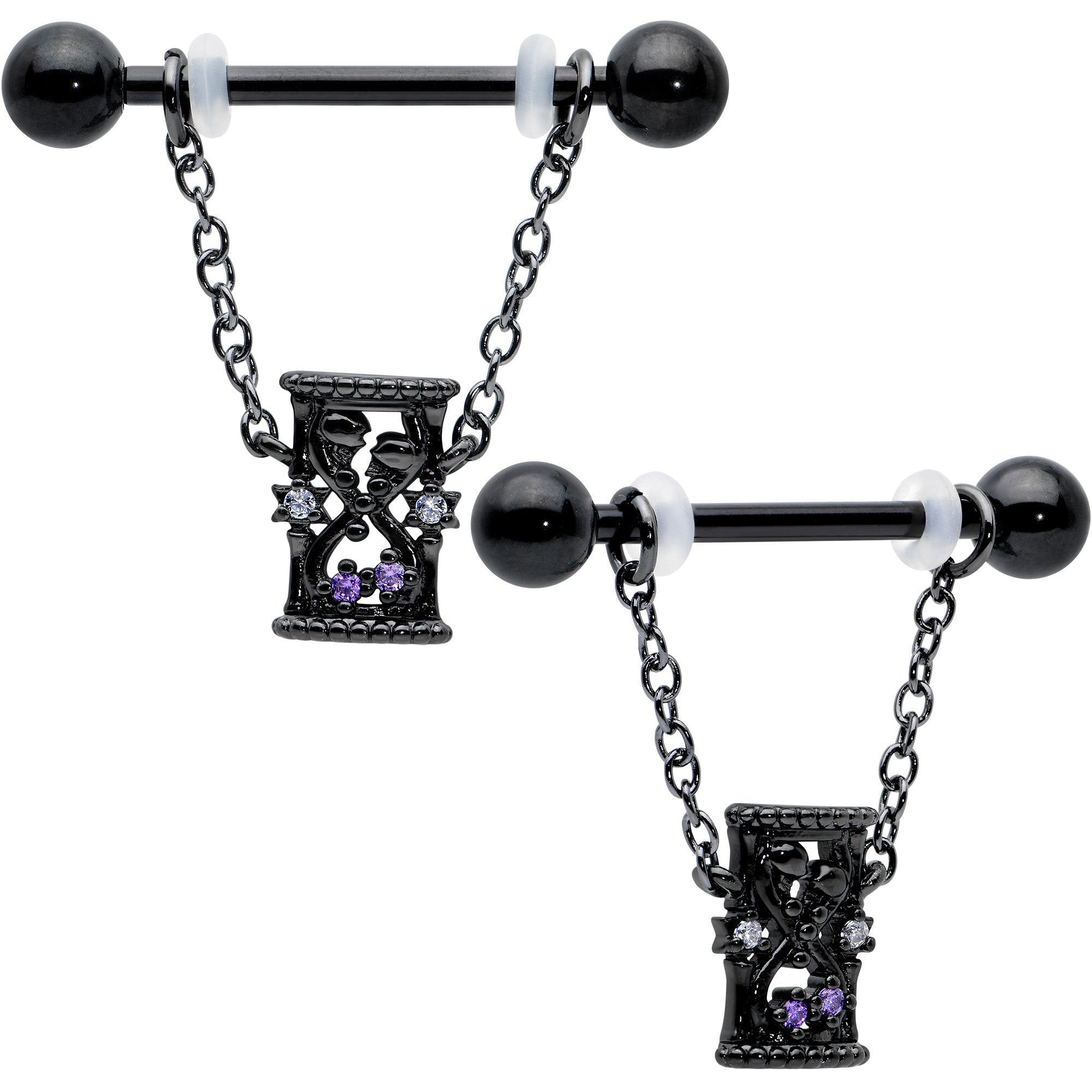 Purple Gem Goth Hourglass Nipple Ring Set14G 5/8