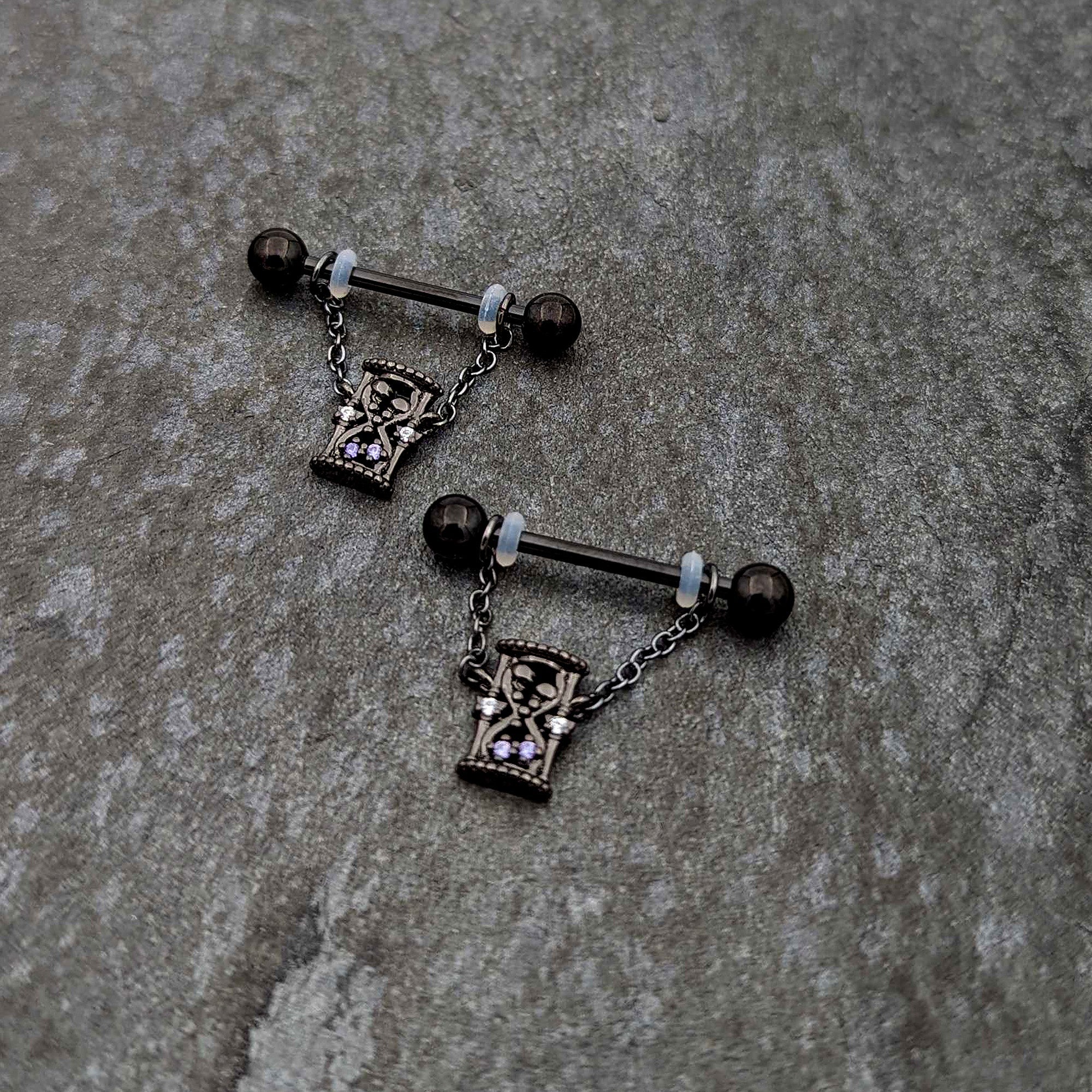 Purple Gem Goth Hourglass Nipple Ring Set14G 5/8