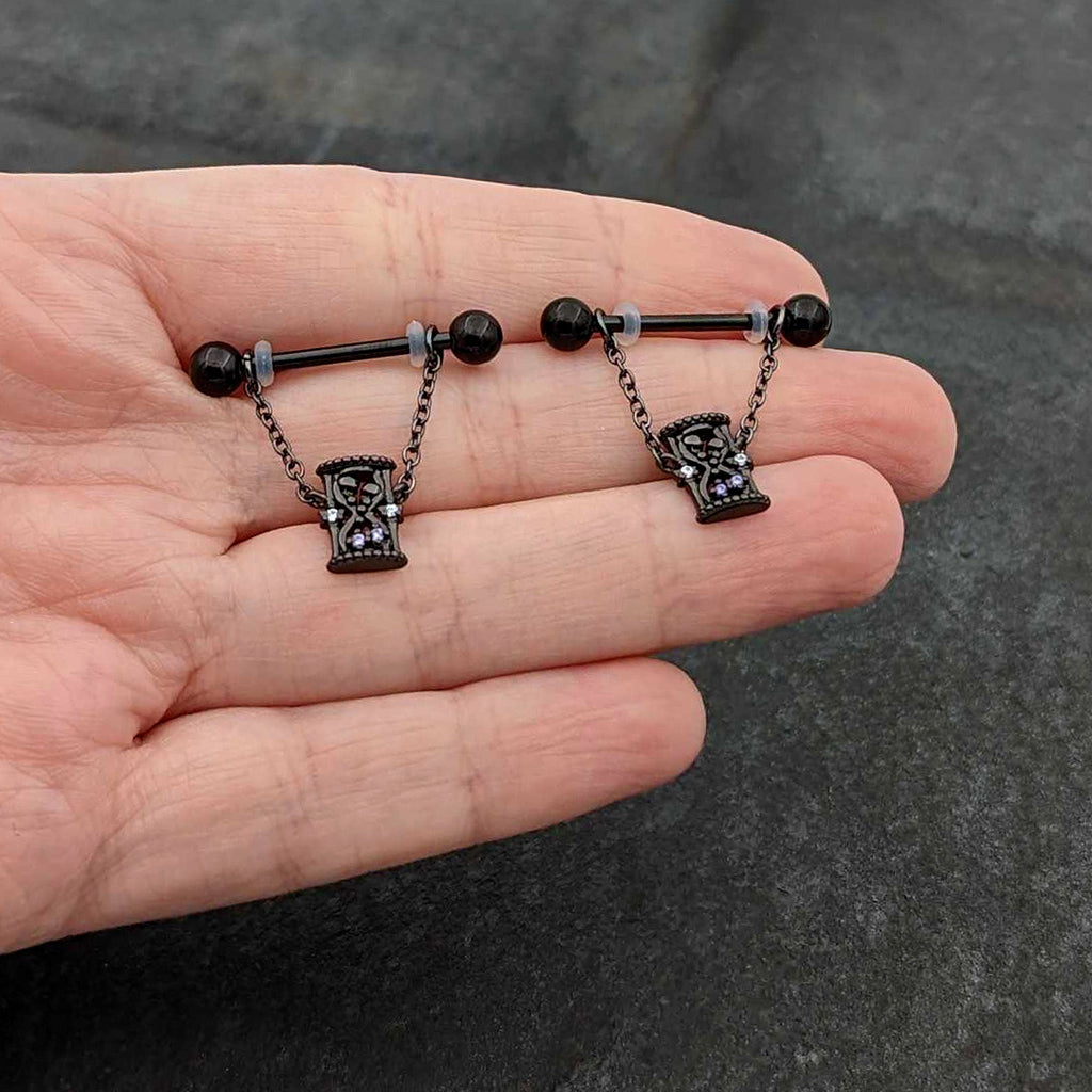Purple Gem Goth Hourglass Nipple Ring Set14G 5/8