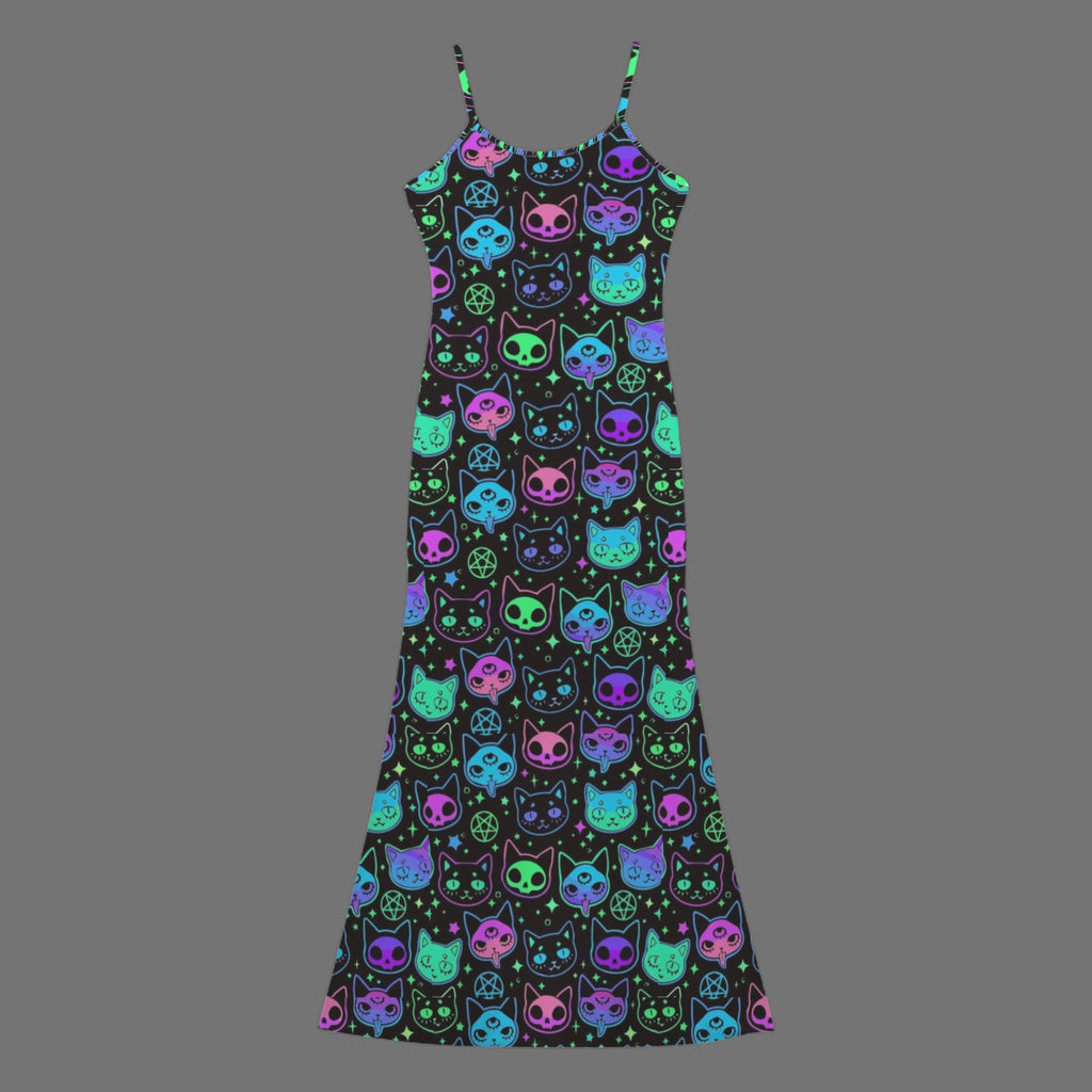 Gothic neon cat skull print long sleevless slip maxi dress