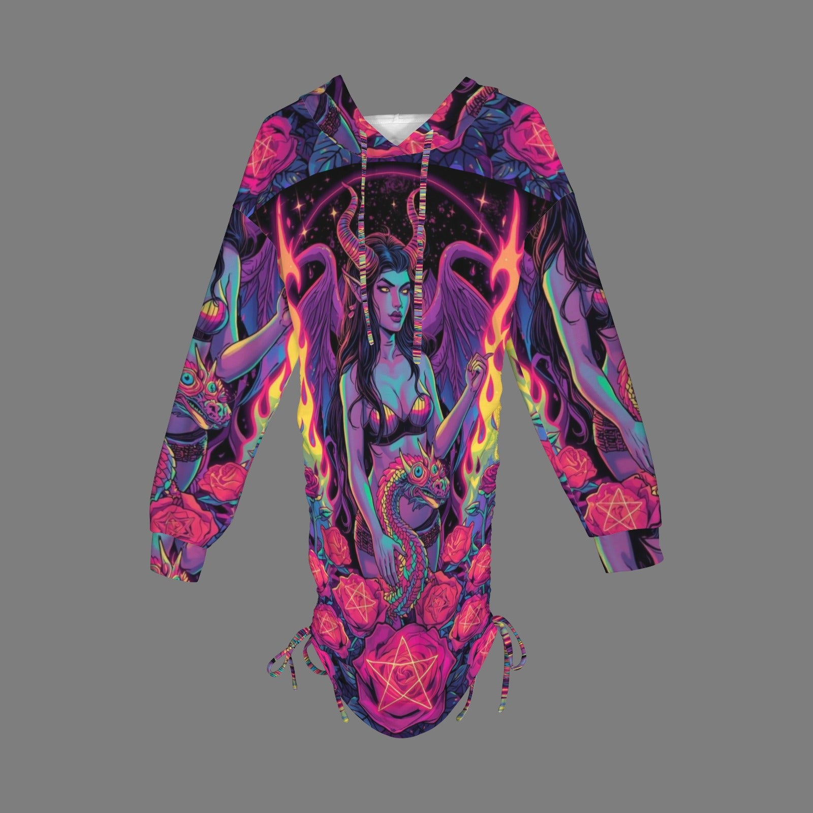 Trippy Rainbow Dragon Goddess Gothic Style Hoodie Dress 2