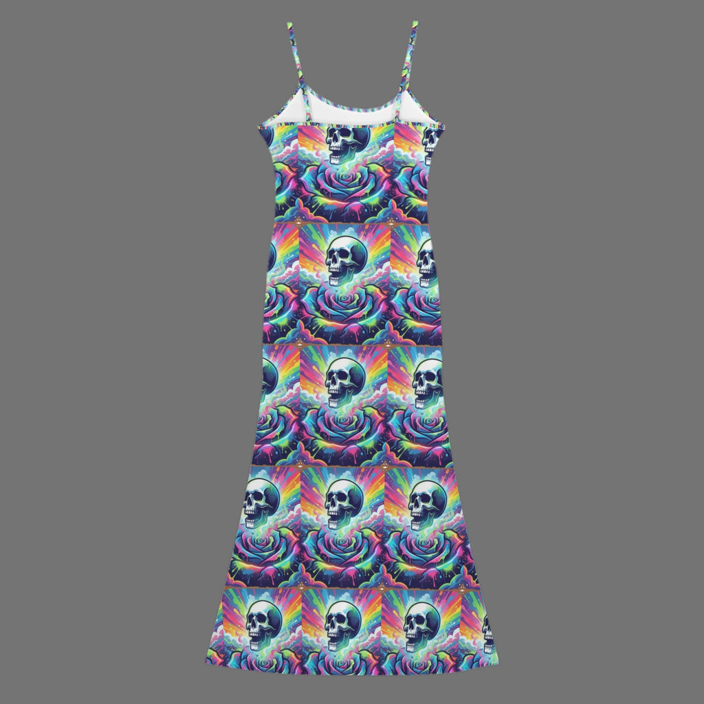 Gothic neon skull print long sleevless slip maxi dress