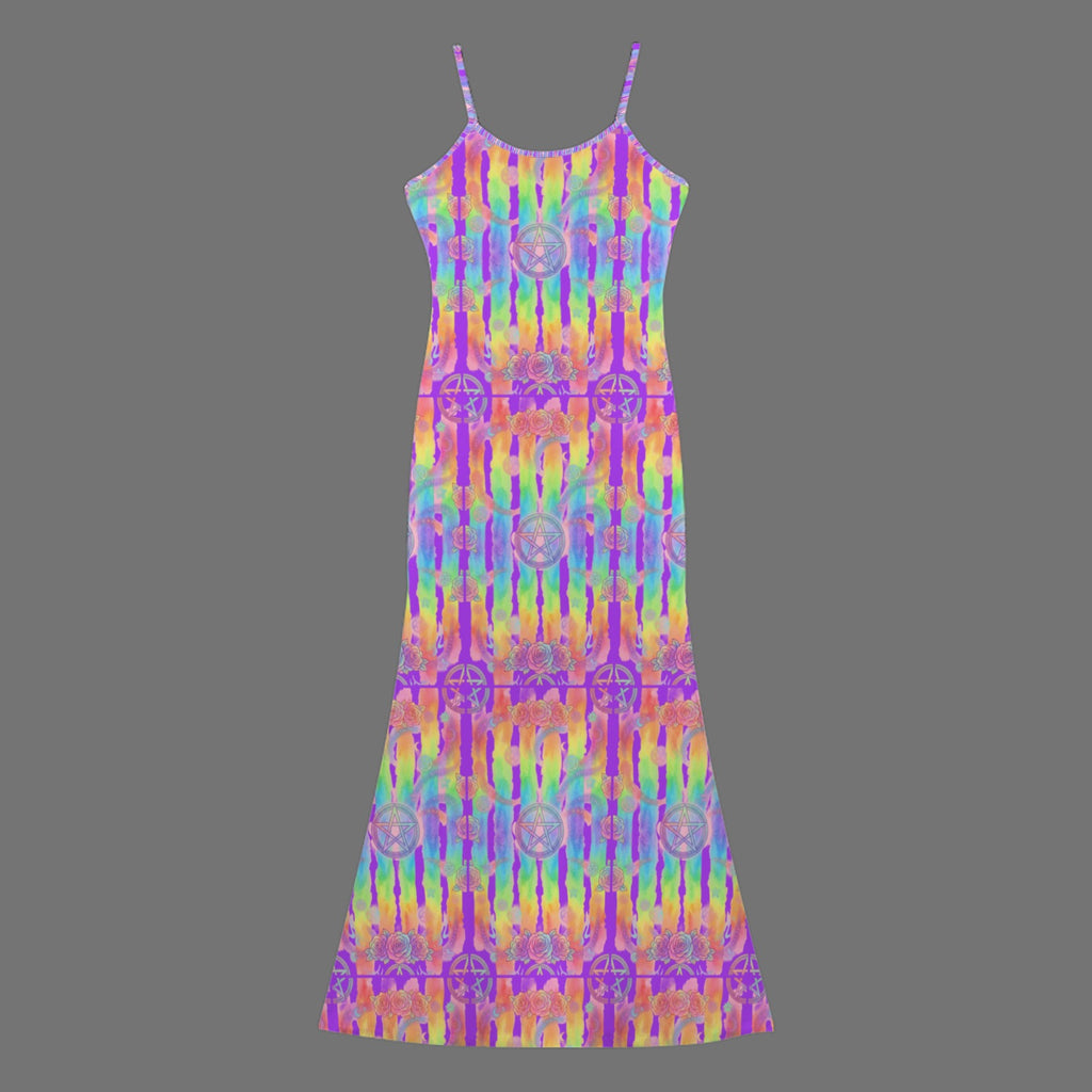 Gothic neon  print long sleevless slip maxi dress