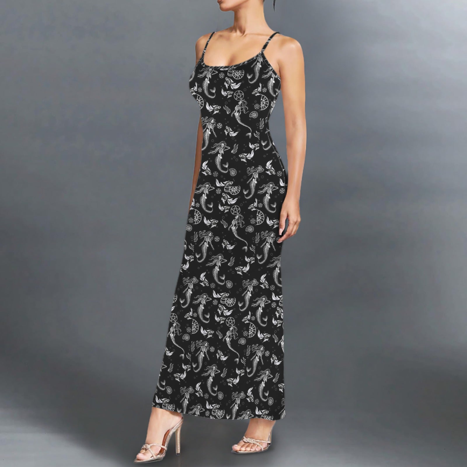 Gothicmermaid skreletons print long sleevless slip maxi dress