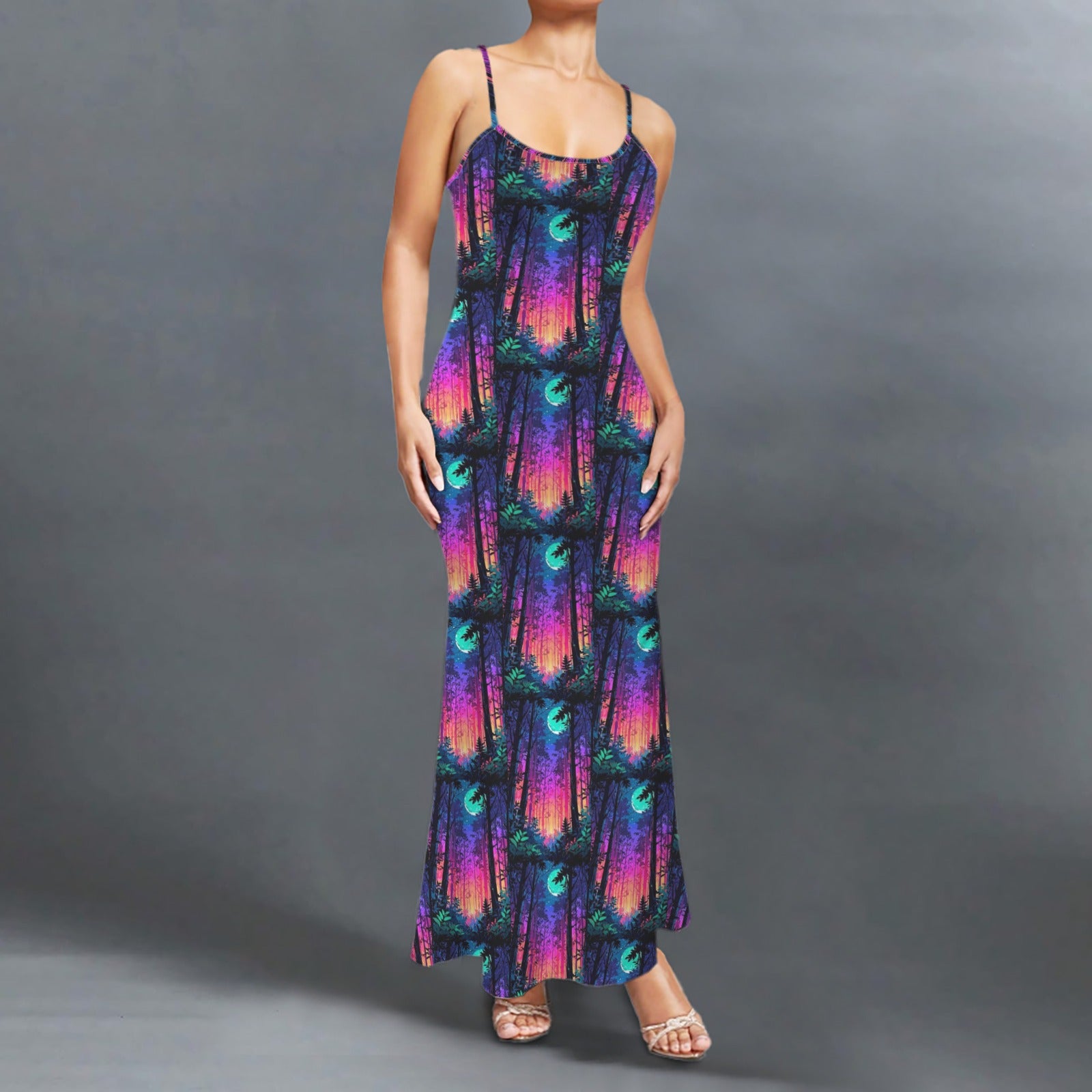 Gothic neon sky print long sleevless slip maxi dress