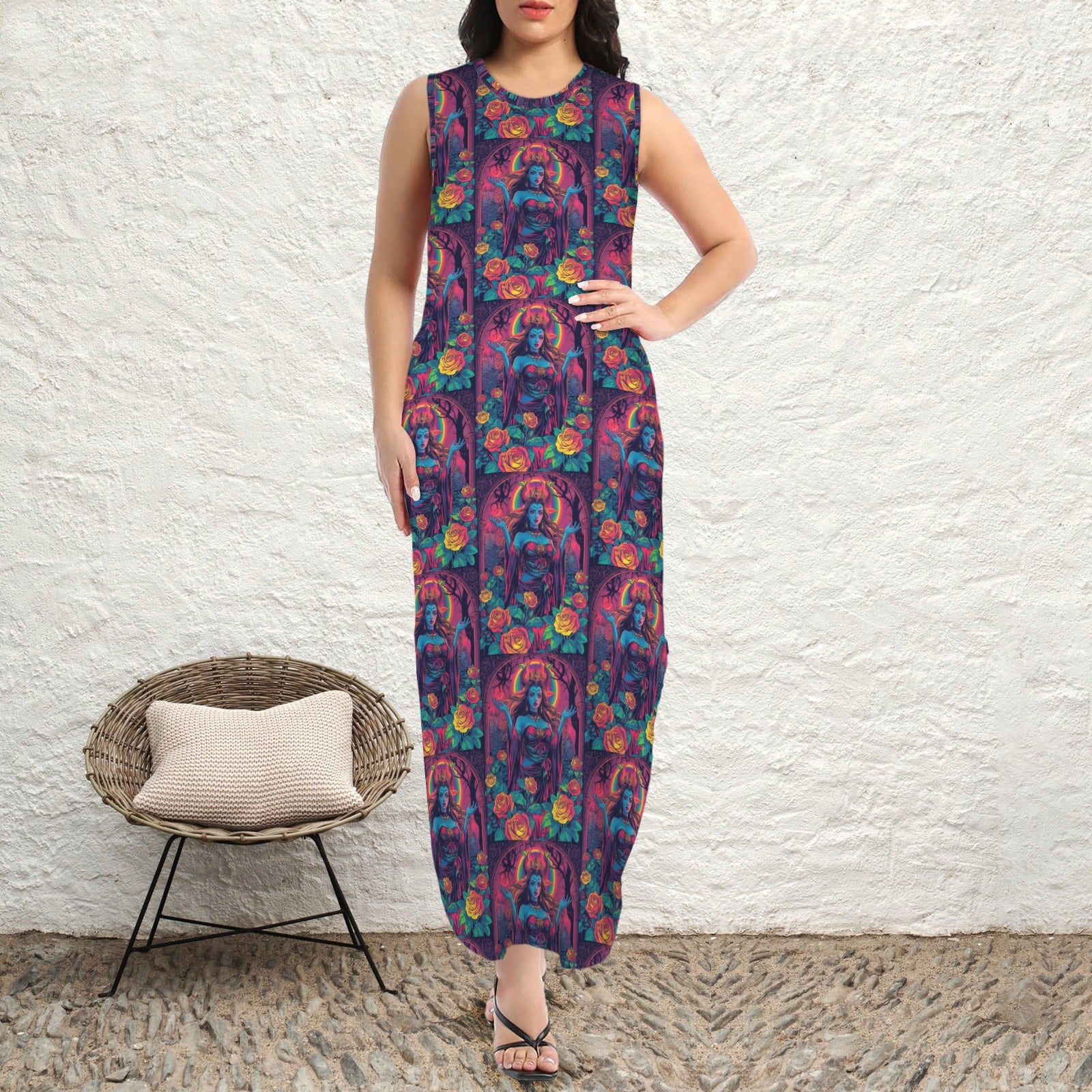 round neck gothic goddess maxi dress