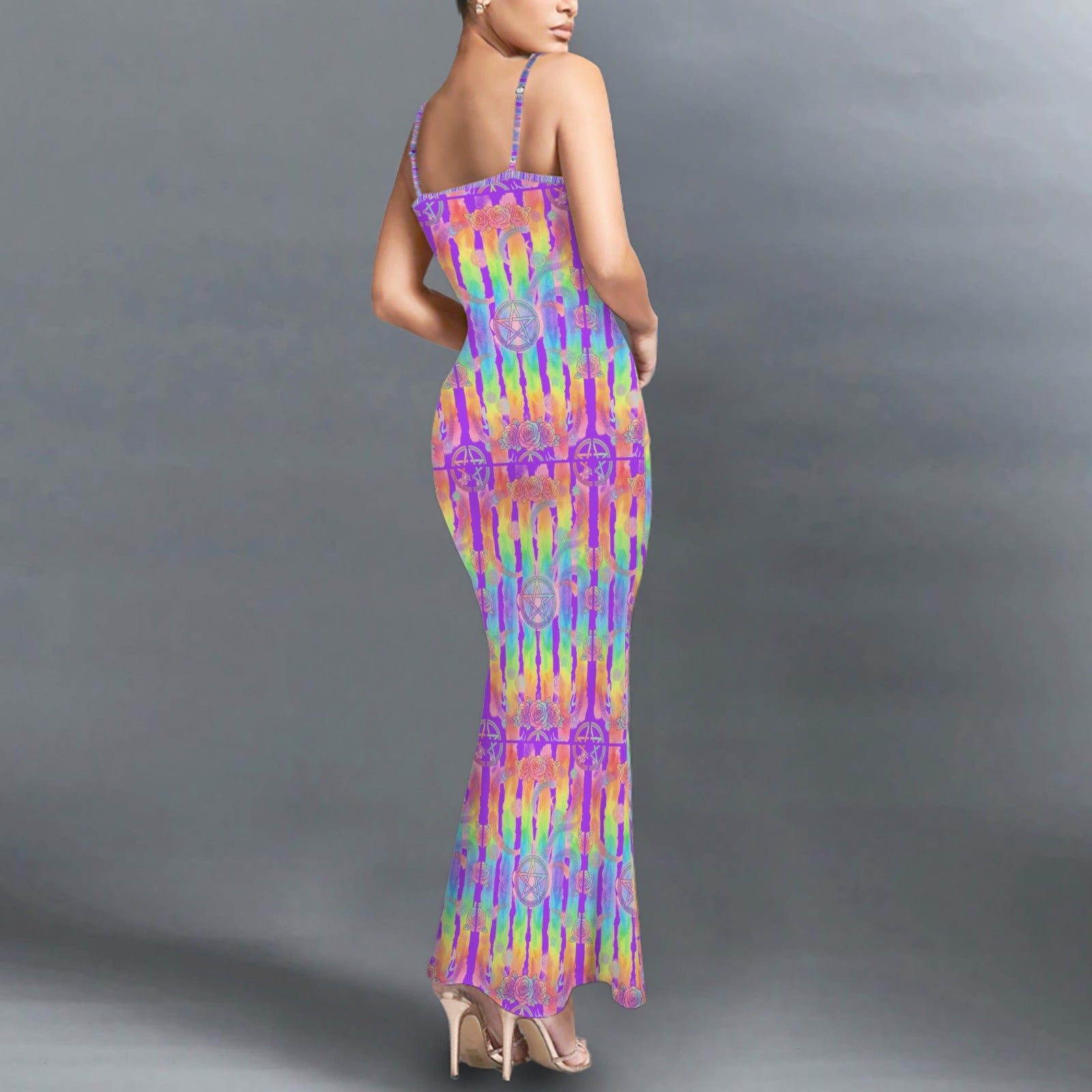 Gothic neon  print long sleevless slip maxi dress