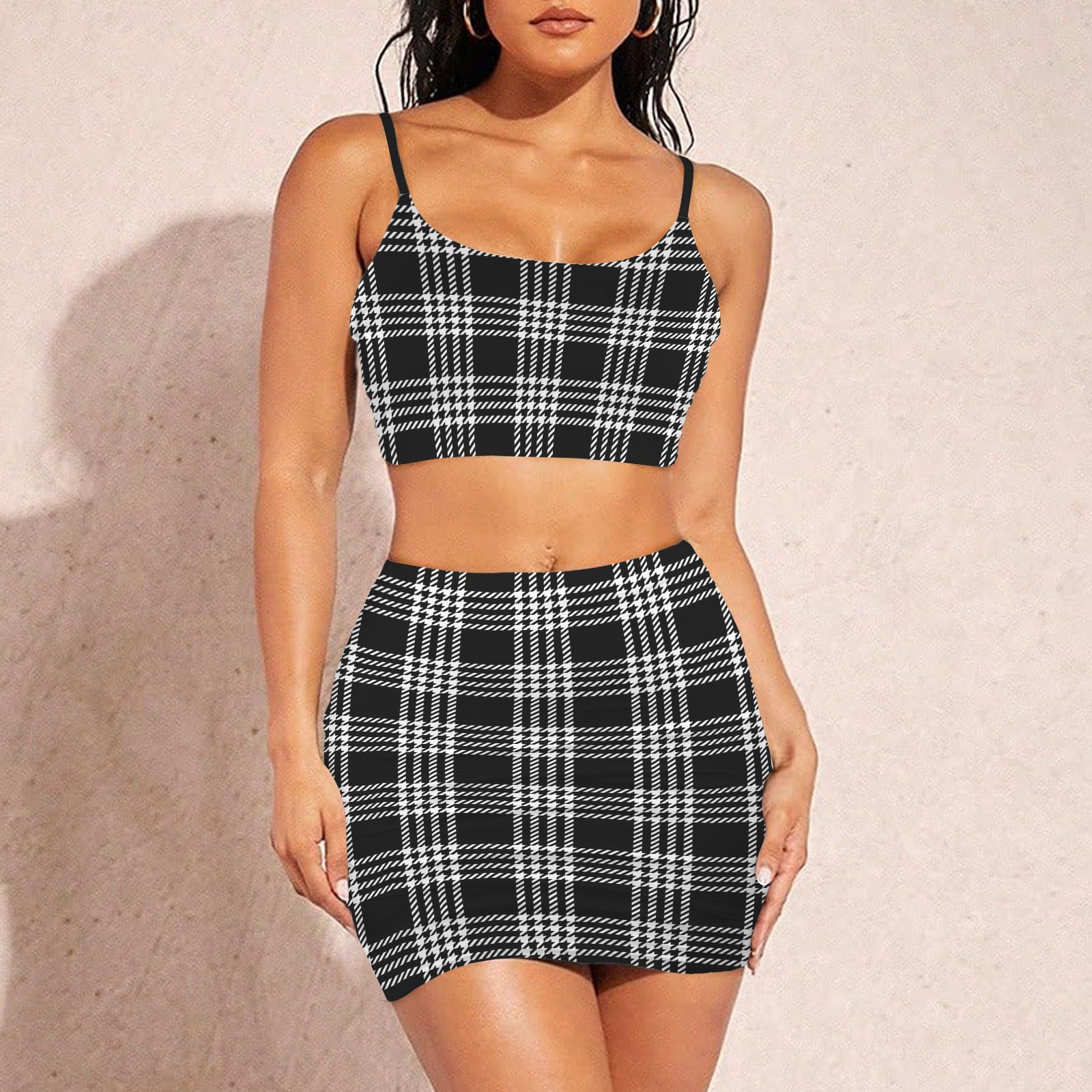 Women's Plaid Cami Top & Ruched Bodycon Skirt Set
