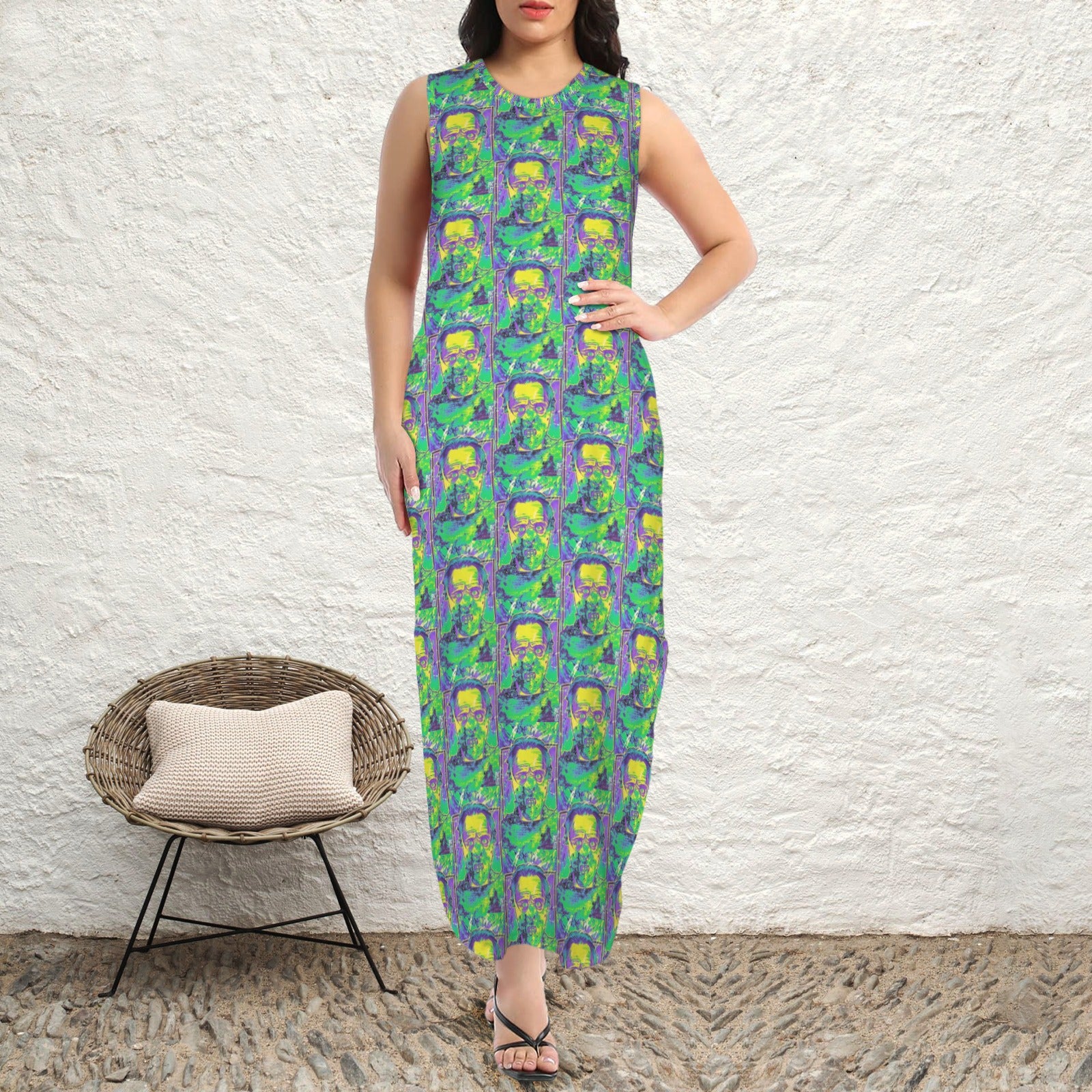 round neck gothic goddess maxi dress spooky frankenstein print