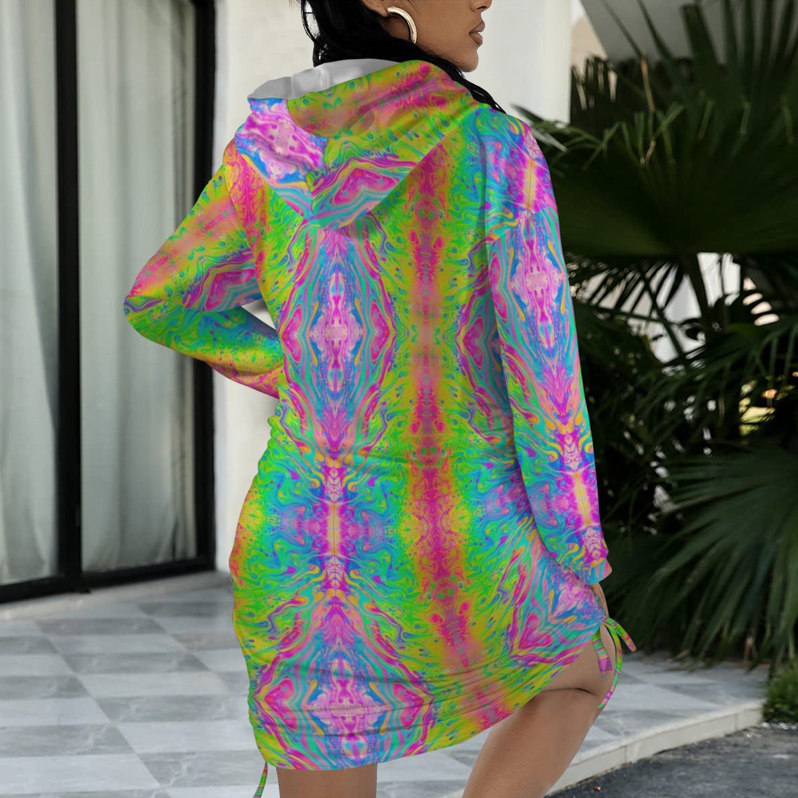 Trippy Neon Rainbow Tie-Dye Gothic Style Hoodie Dress 2